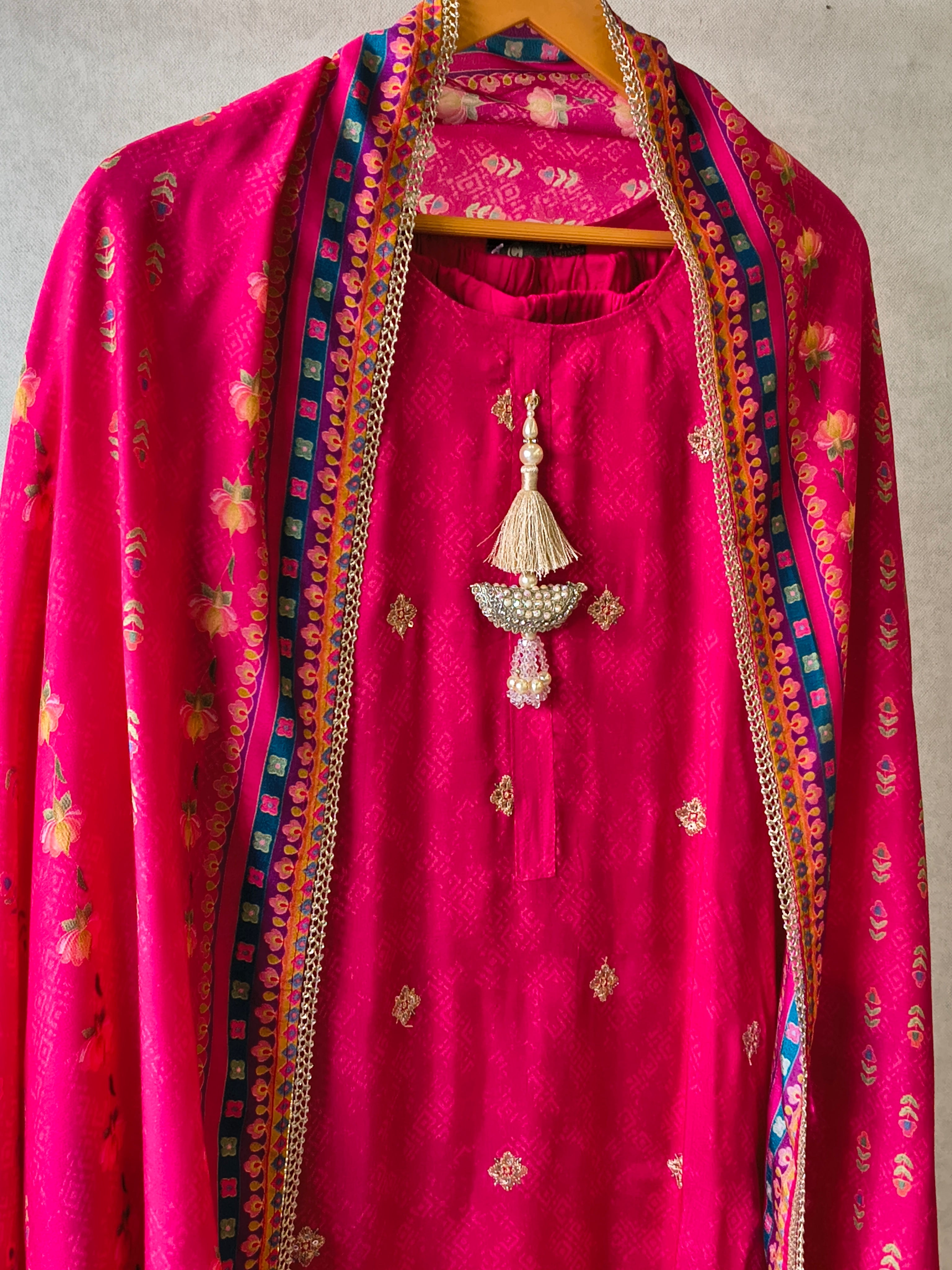 Image of Premium Rani Pink Printed Straight Kurta with Cigarette Pants & Dupatta Set