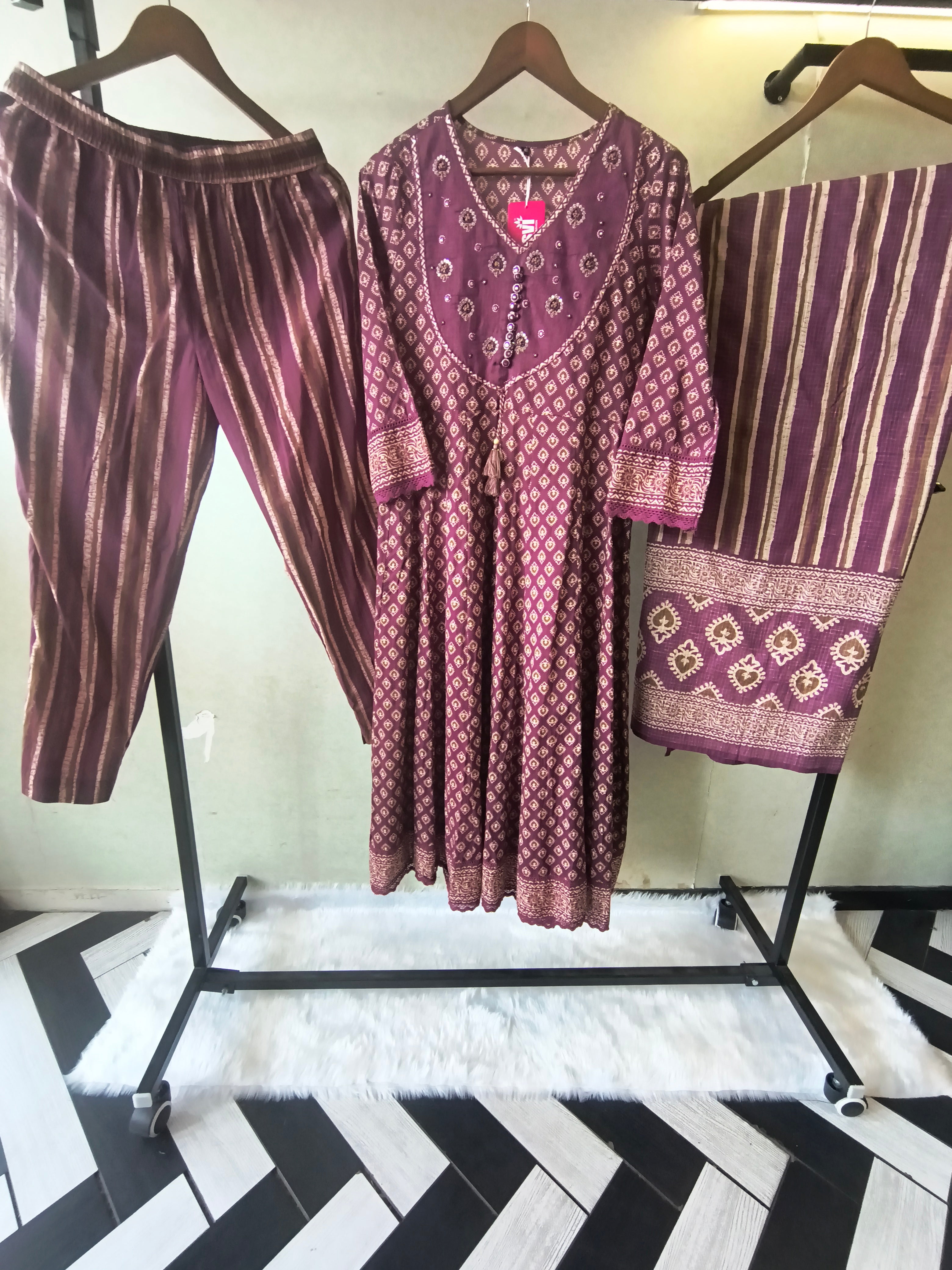 Image of Plum Printed Cotton Anarkali Suit Set with Striped Pants & Dupatta