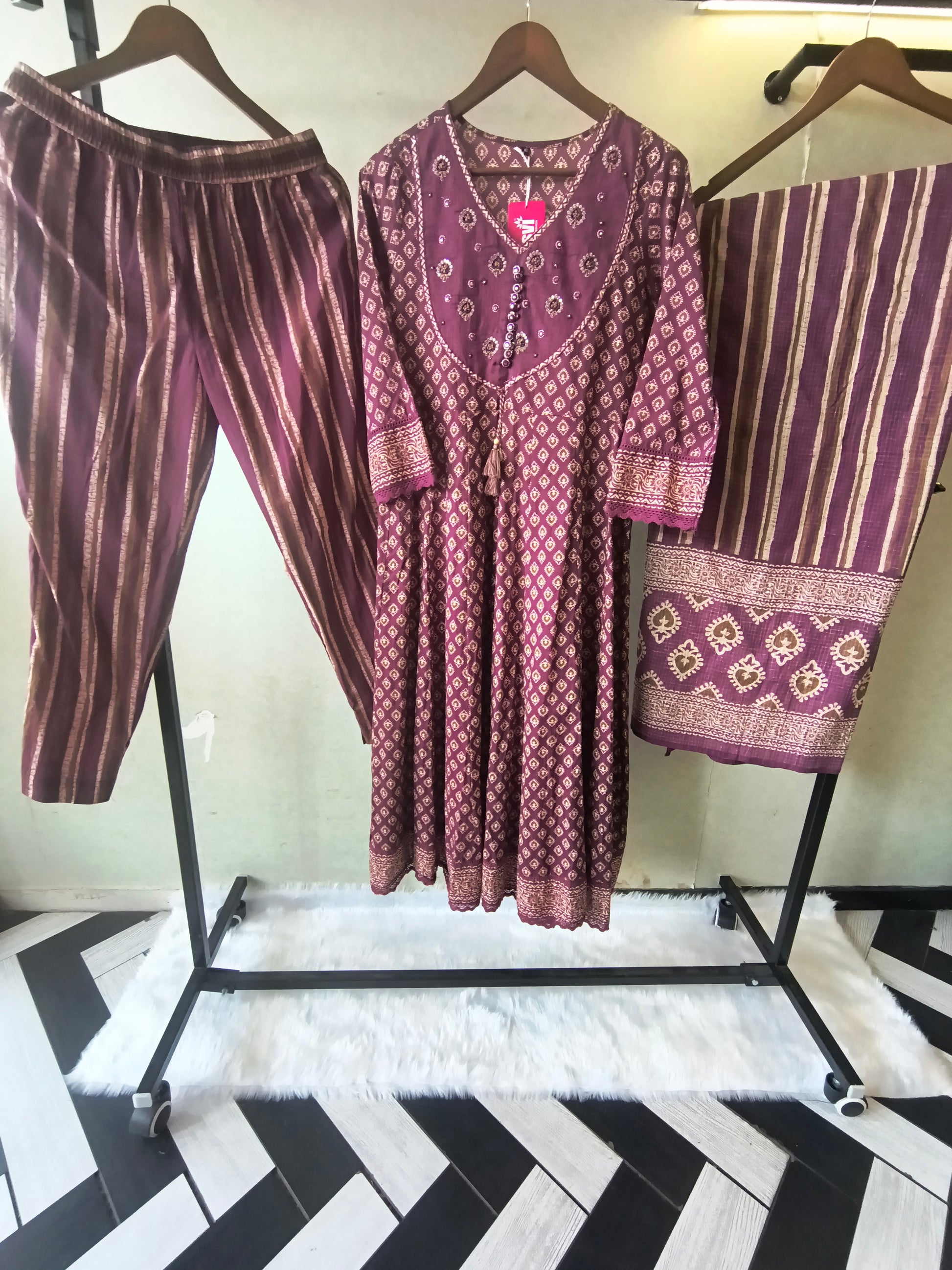 Plum Printed Cotton Anarkali Suit Set with Striped Pants & Dupatta
