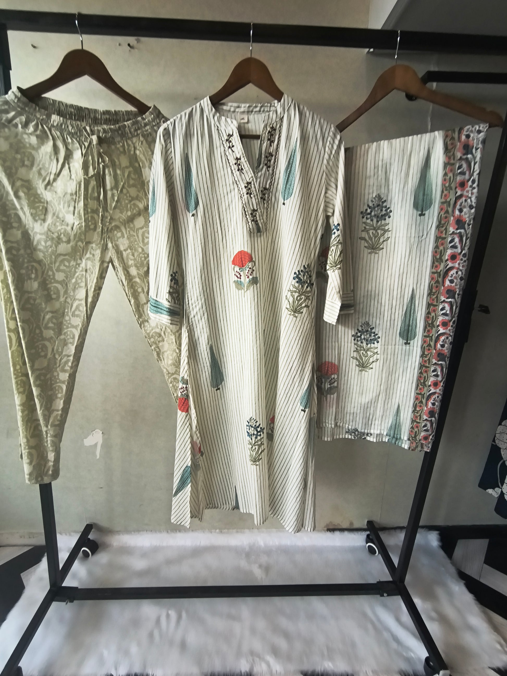 Premium Ivory Handblock Printed Cotton Straight Kurta Set with Printed Pants & Dupatta