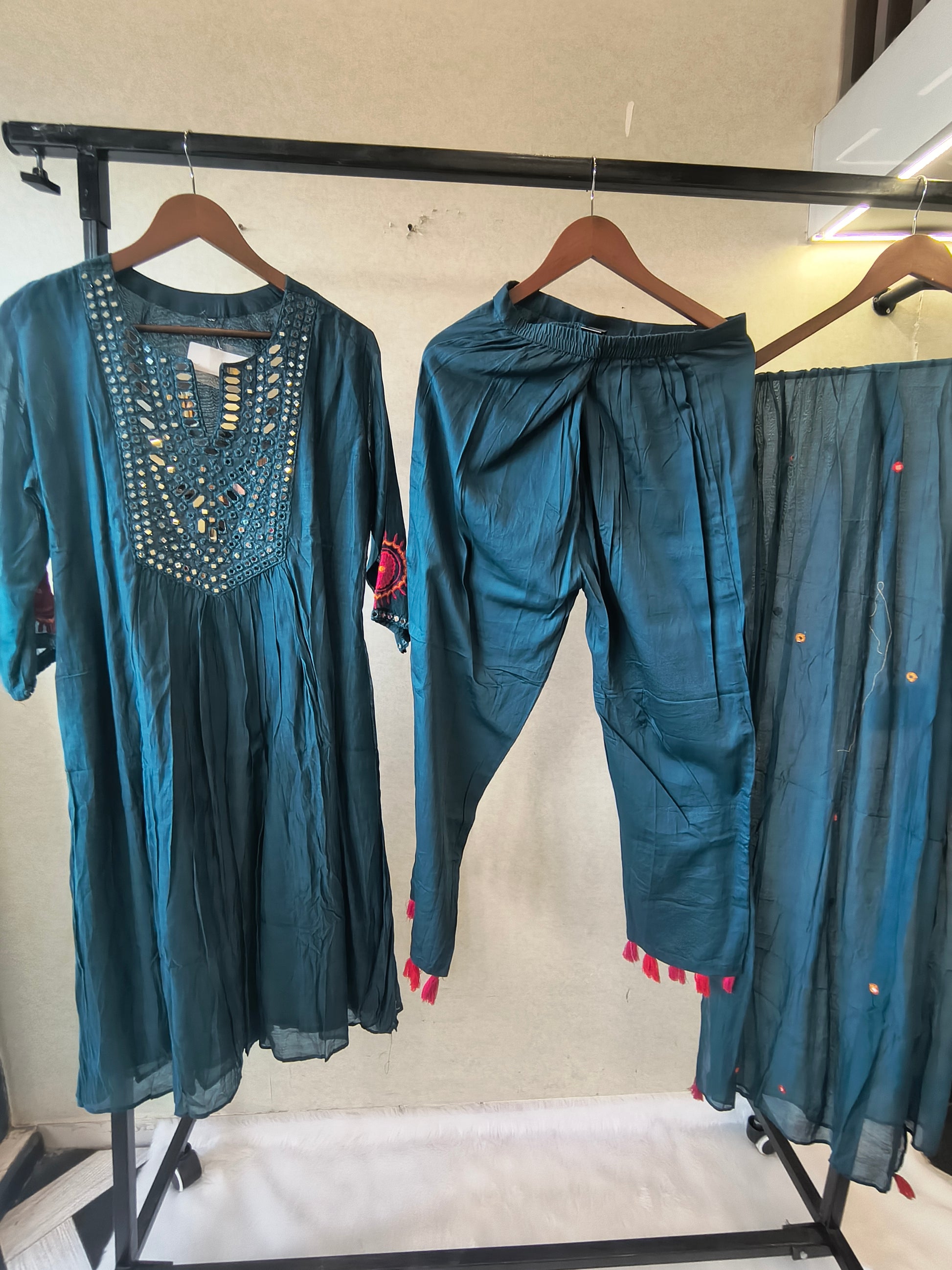 Teal Blue Mirror Work Embroidered Kurta Set with Dupatta | Premium 3 Piece Ethnic Suit