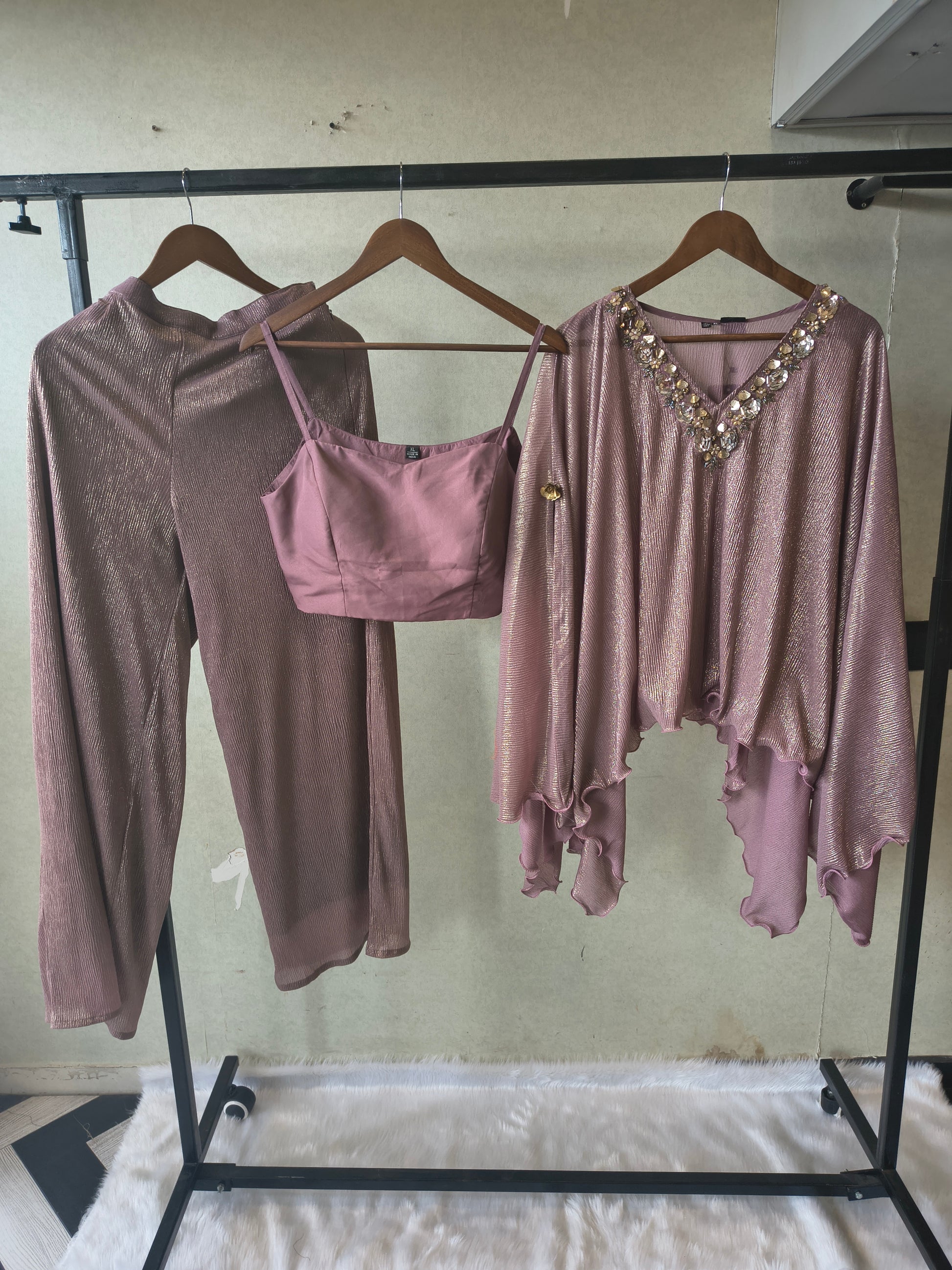 Premium Rose Gold Shimmer Kaftan Co-Ord Set with Hand Embellished Cape & Straight Pants