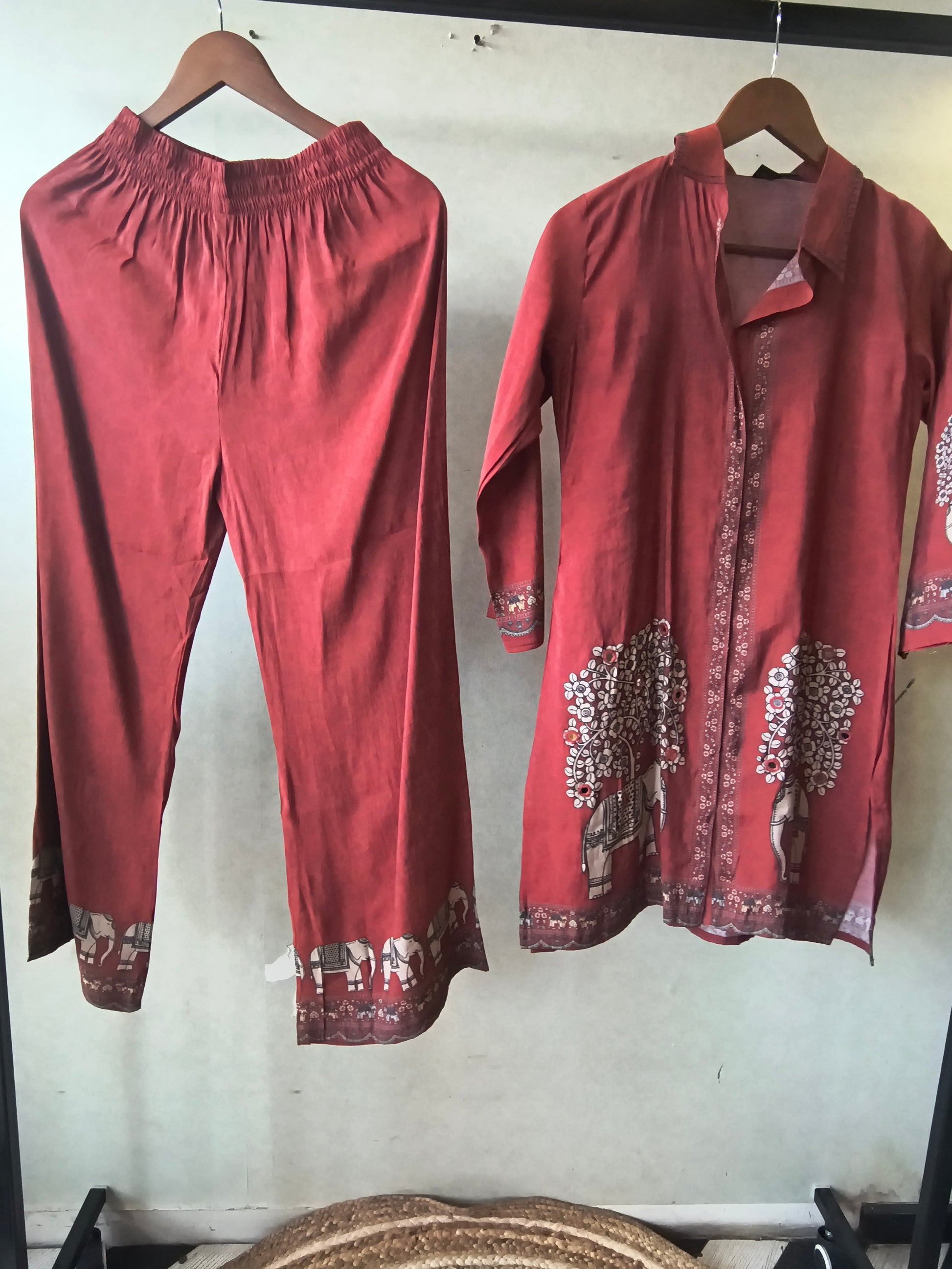Rust Red Elephant Print Designer Co-Ord Set with Asymmetrical Hem
