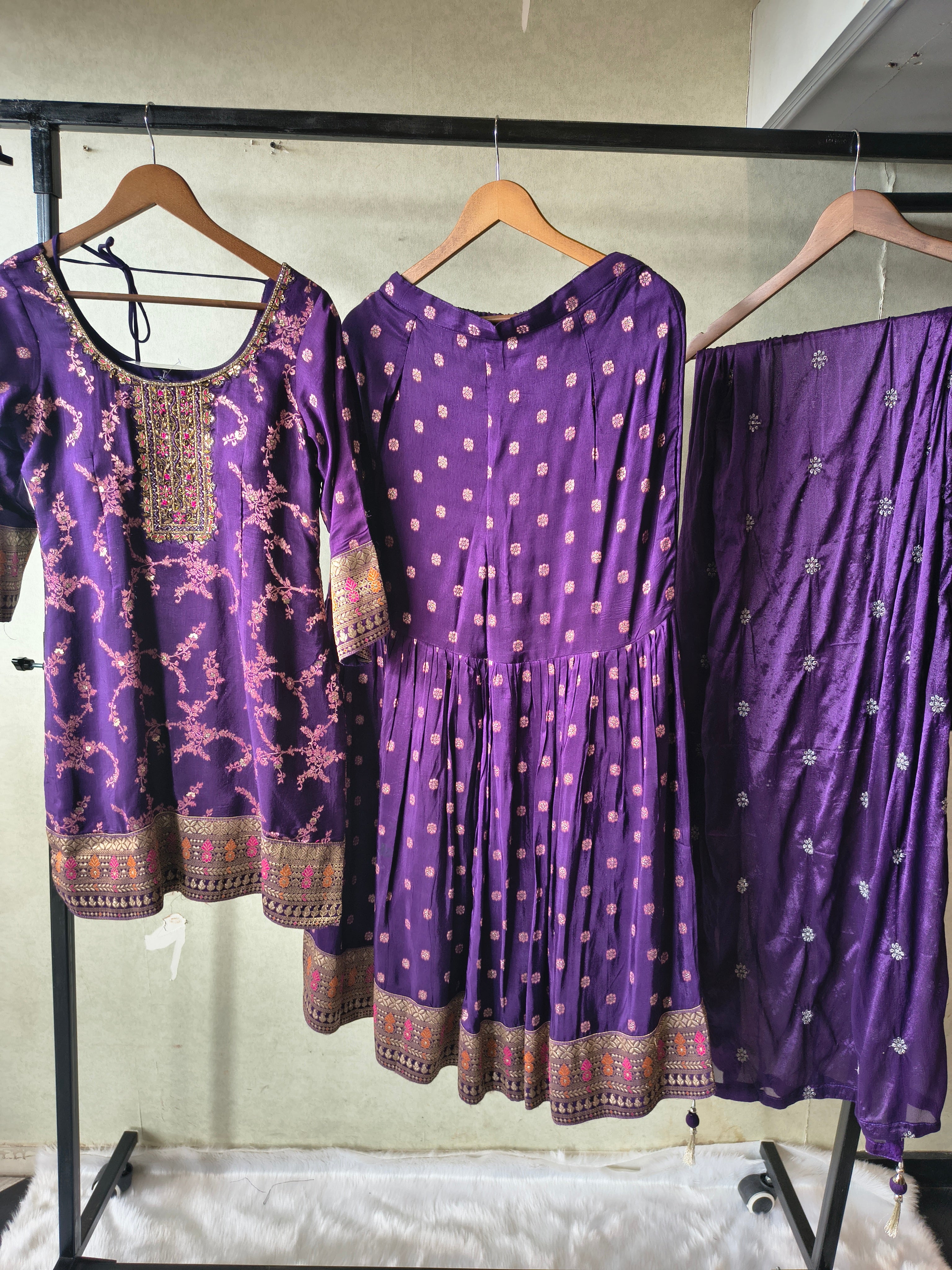 Image of Royal Purple Embroidered Peplum Sharara Set with Banarasi Border & Dupatta – Premium 3 Piece Festive Ensemble