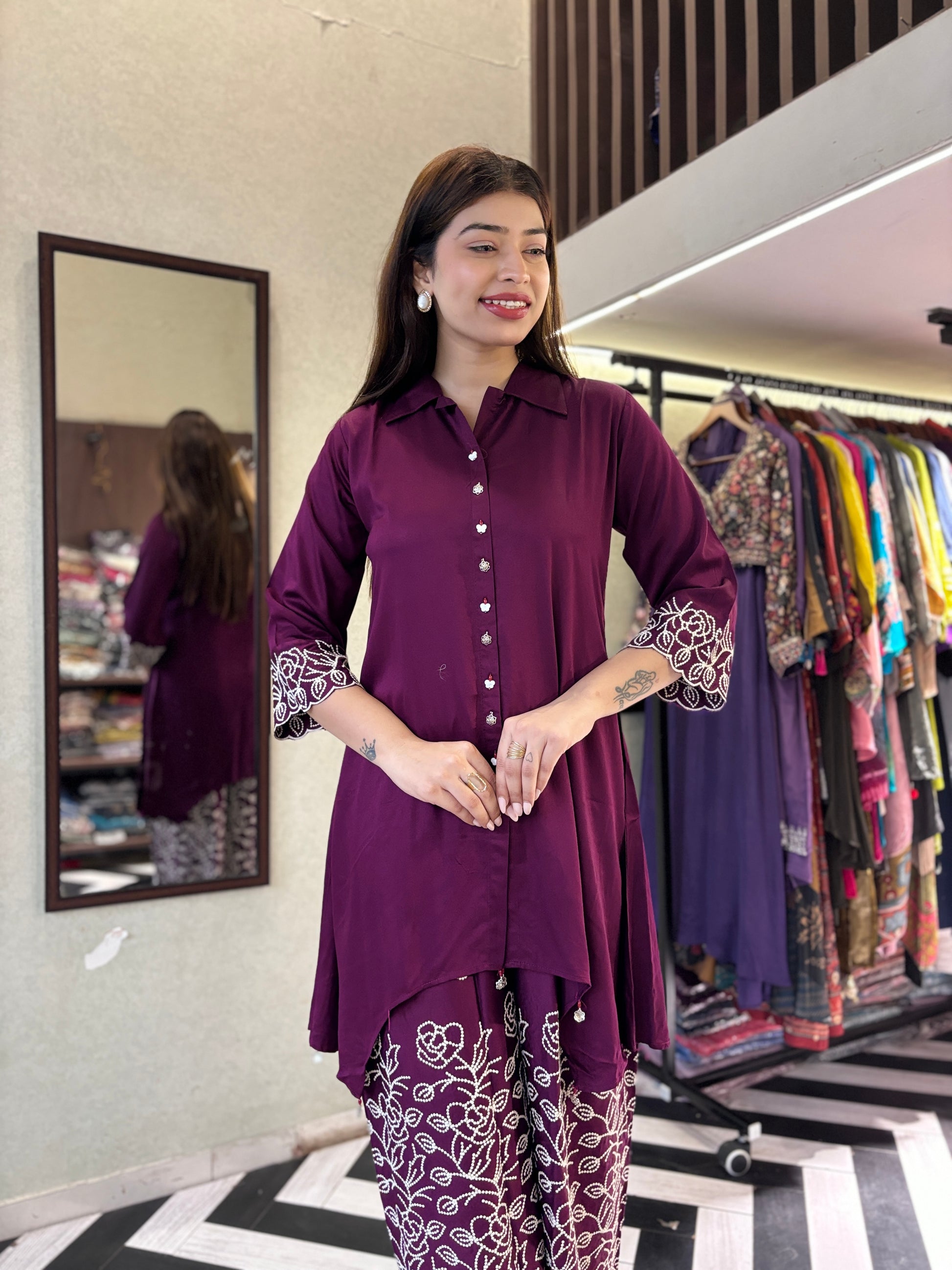 Pure Gaji Silk with Crepe Fabric Coord Set ( Thread Work )