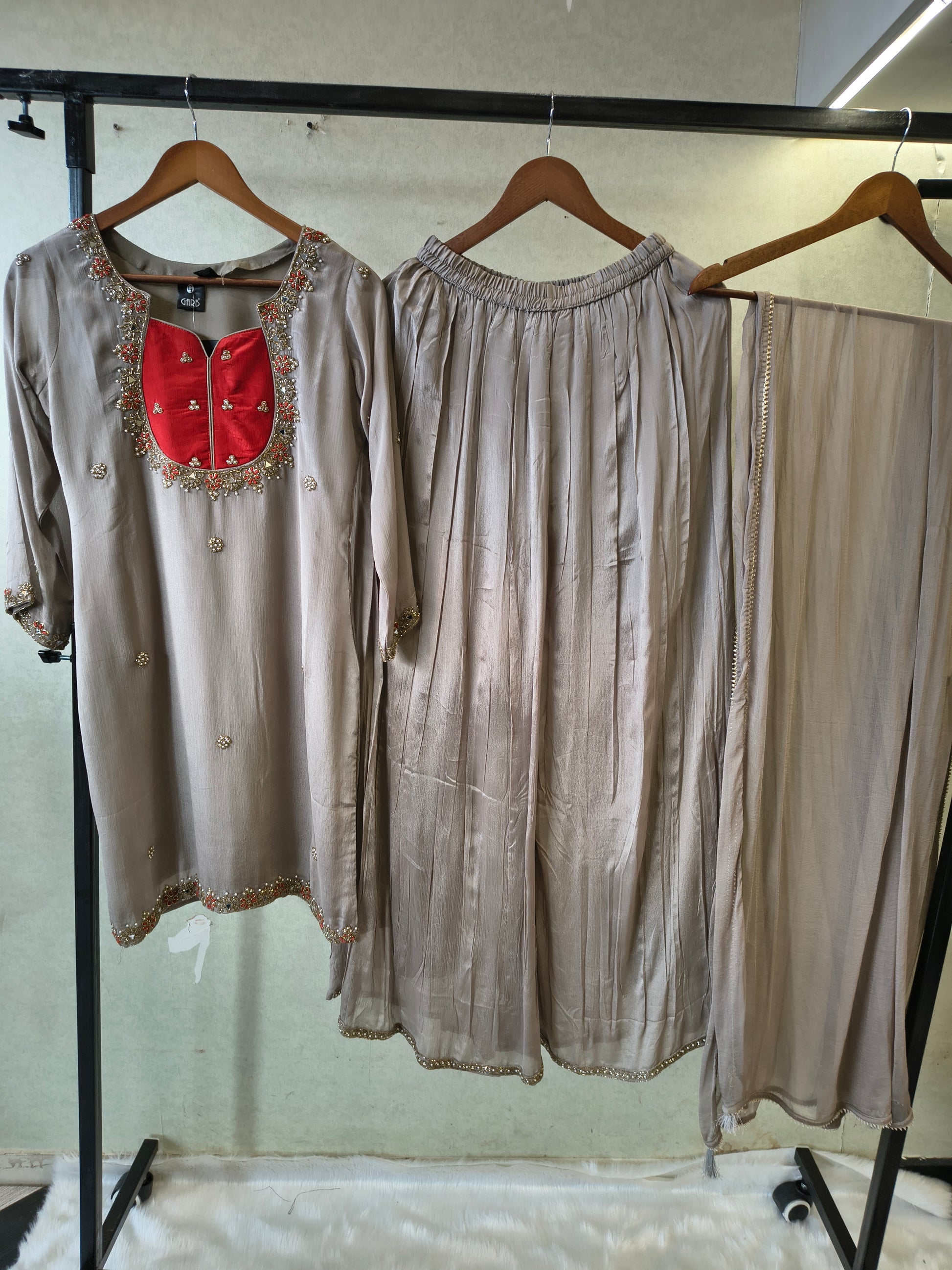 Pearl Grey Embellished Straight Kurta Set with Handcrafted Neckline, Wide Palazzo & Chiffon Dupatta | Premium 3 Piece Festive Ensemble
