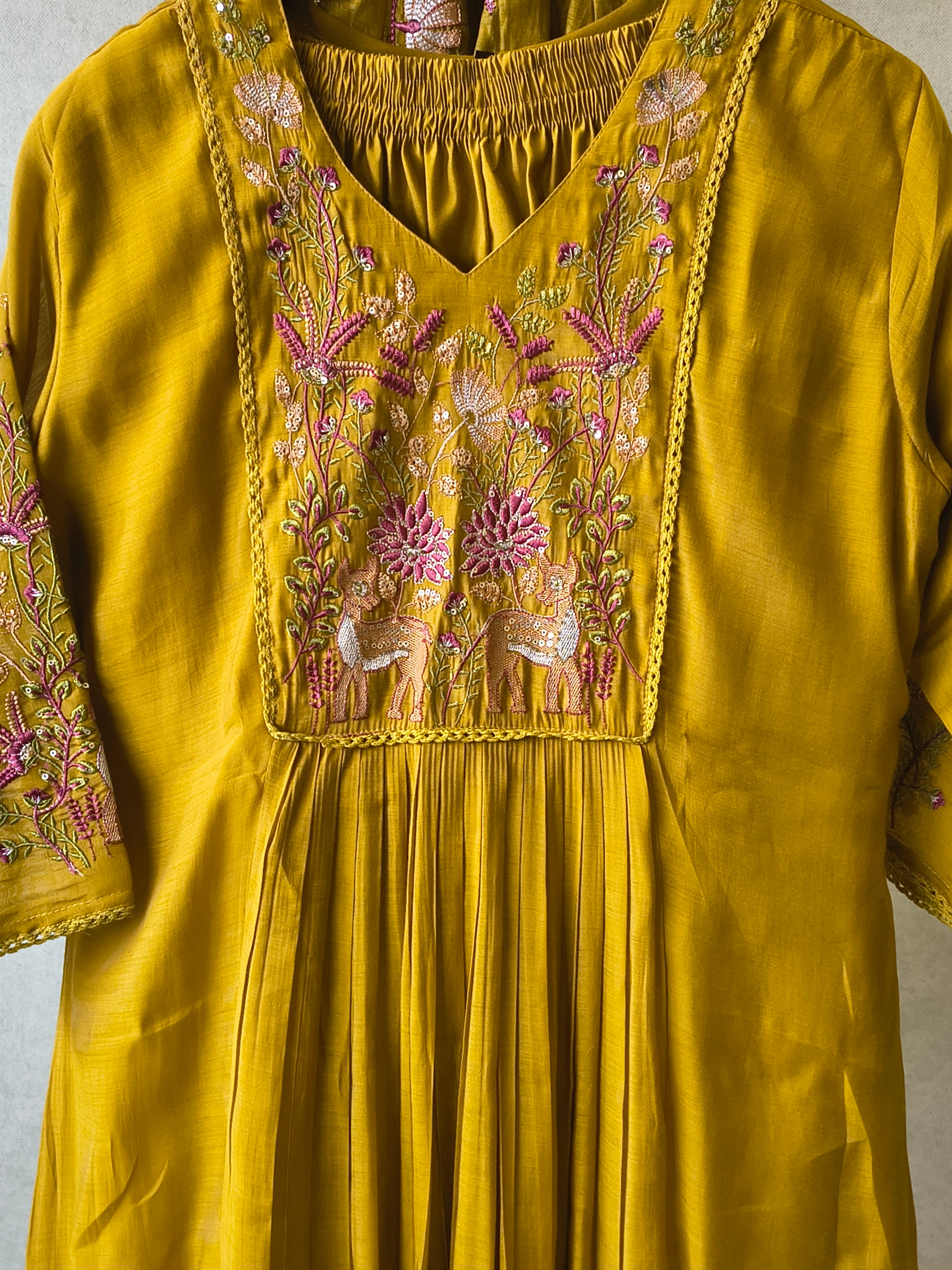 Image of Mustard Yellow Cotton Blend 3-Piece Suit Set with Floral Embroidered Yoke & Tassel Dupatta