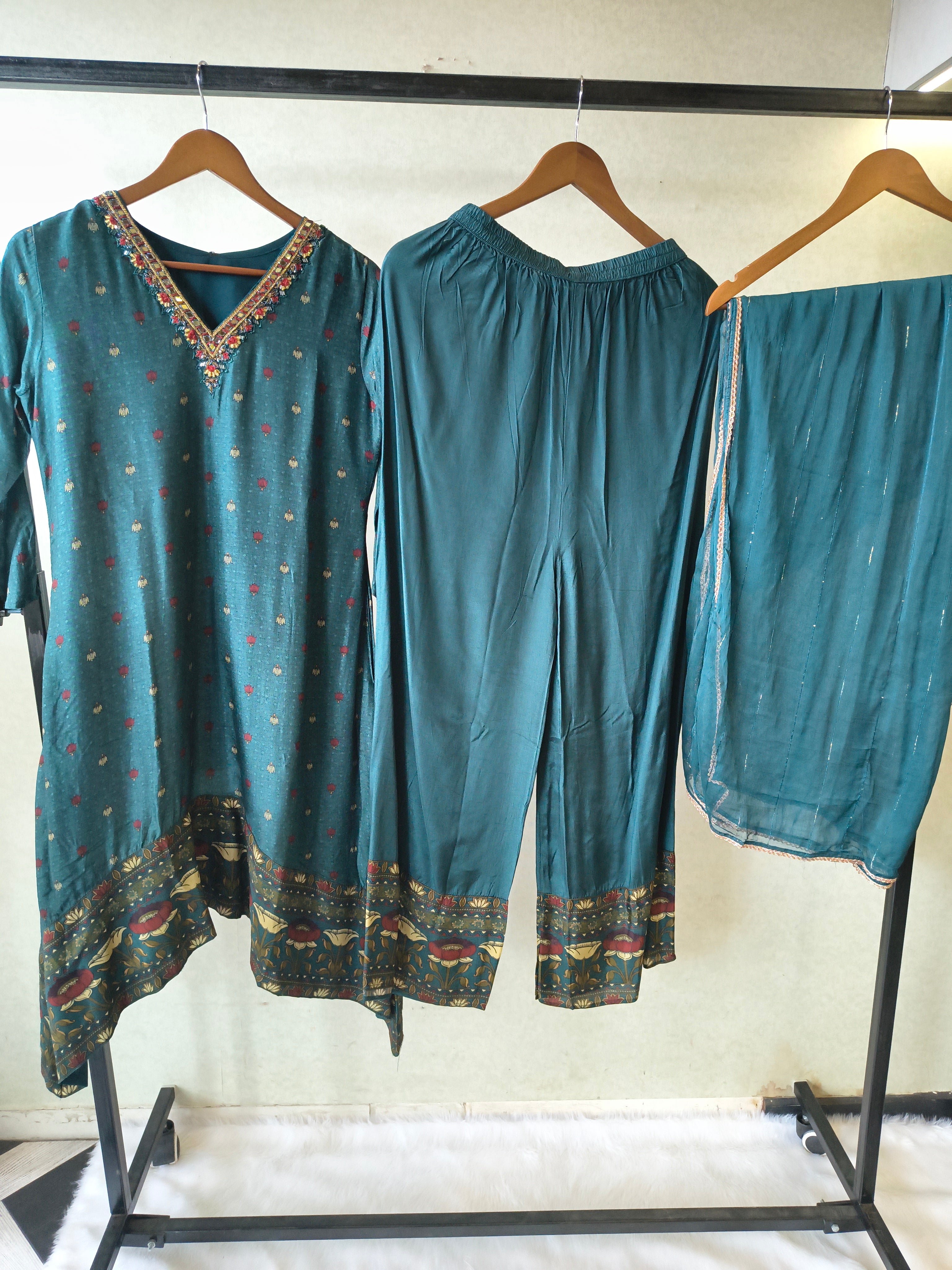 Image of Premium Teal Printed Straight Kurta with Palazzo & Dupatta Set