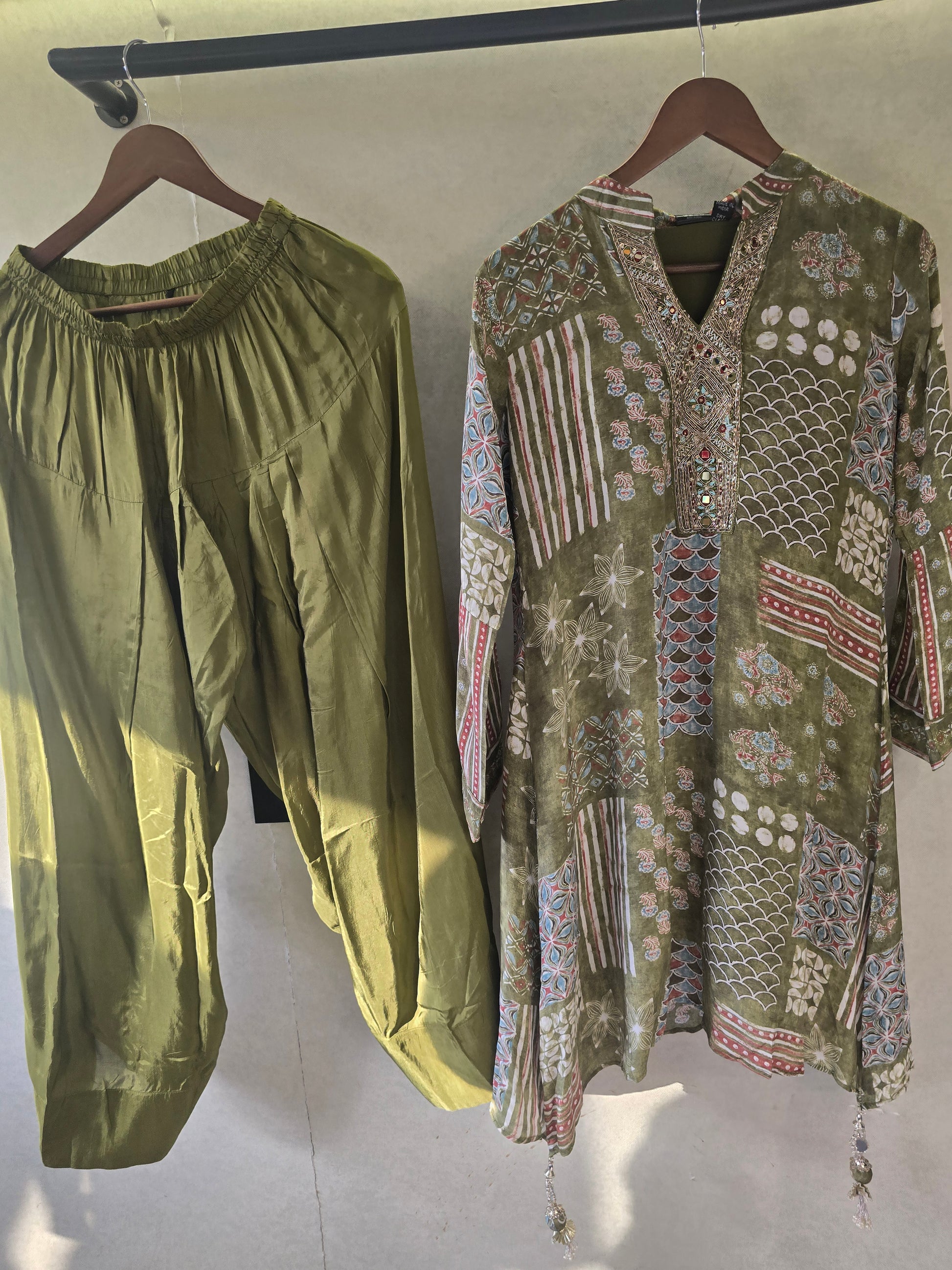 Olive Patchwork Print Embroidered Co-Ord Set