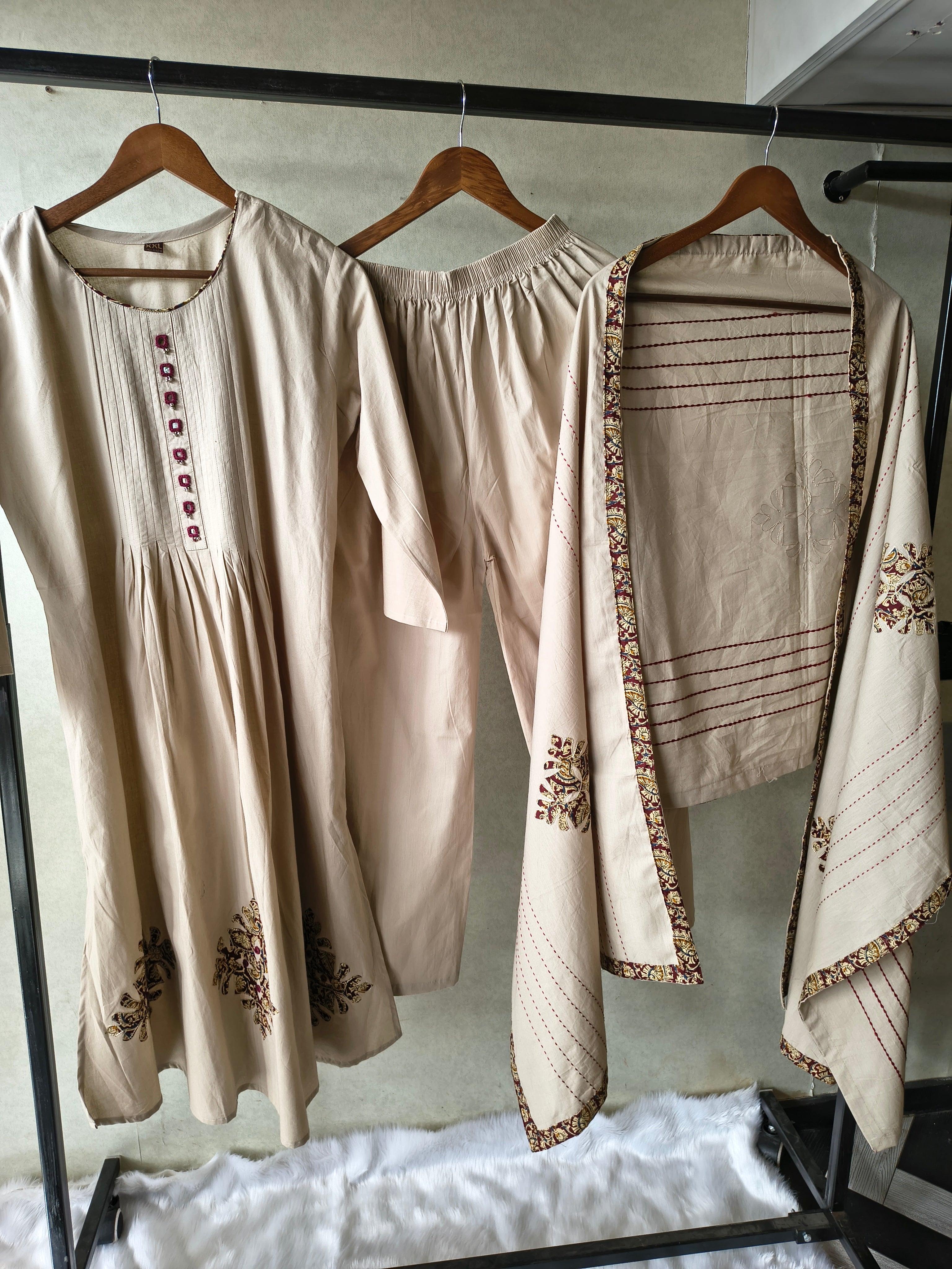 Image of Beige Embroidered Three-Piece Kurta Set with Pintuck Detailing & Designer Dupatta