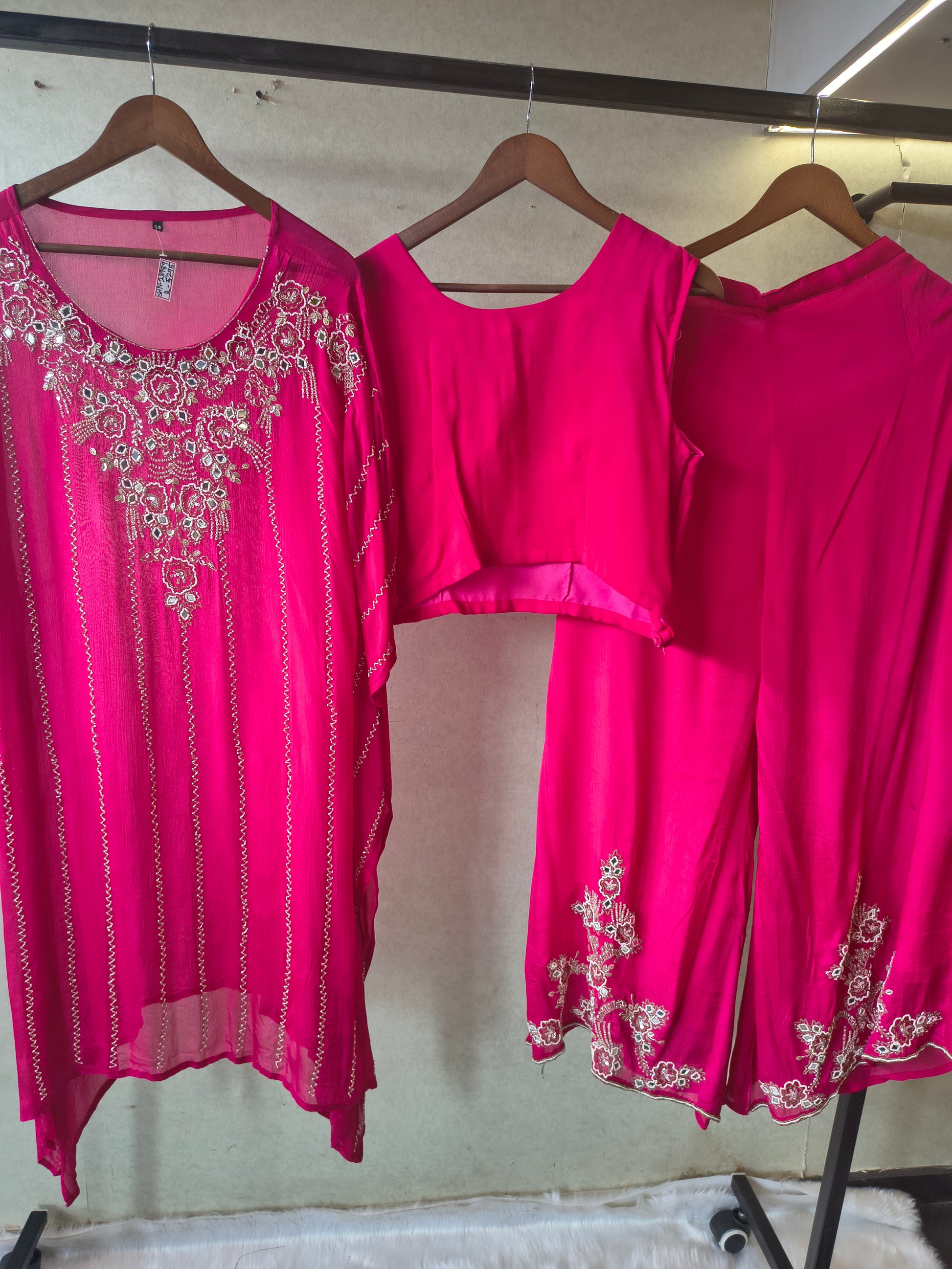 Hot Pink Mirror Embroidered Kaftan Co-Ord Set with Crop Top & Flared Palazzo – Designer 3 Piece Indo-Western Ensemble