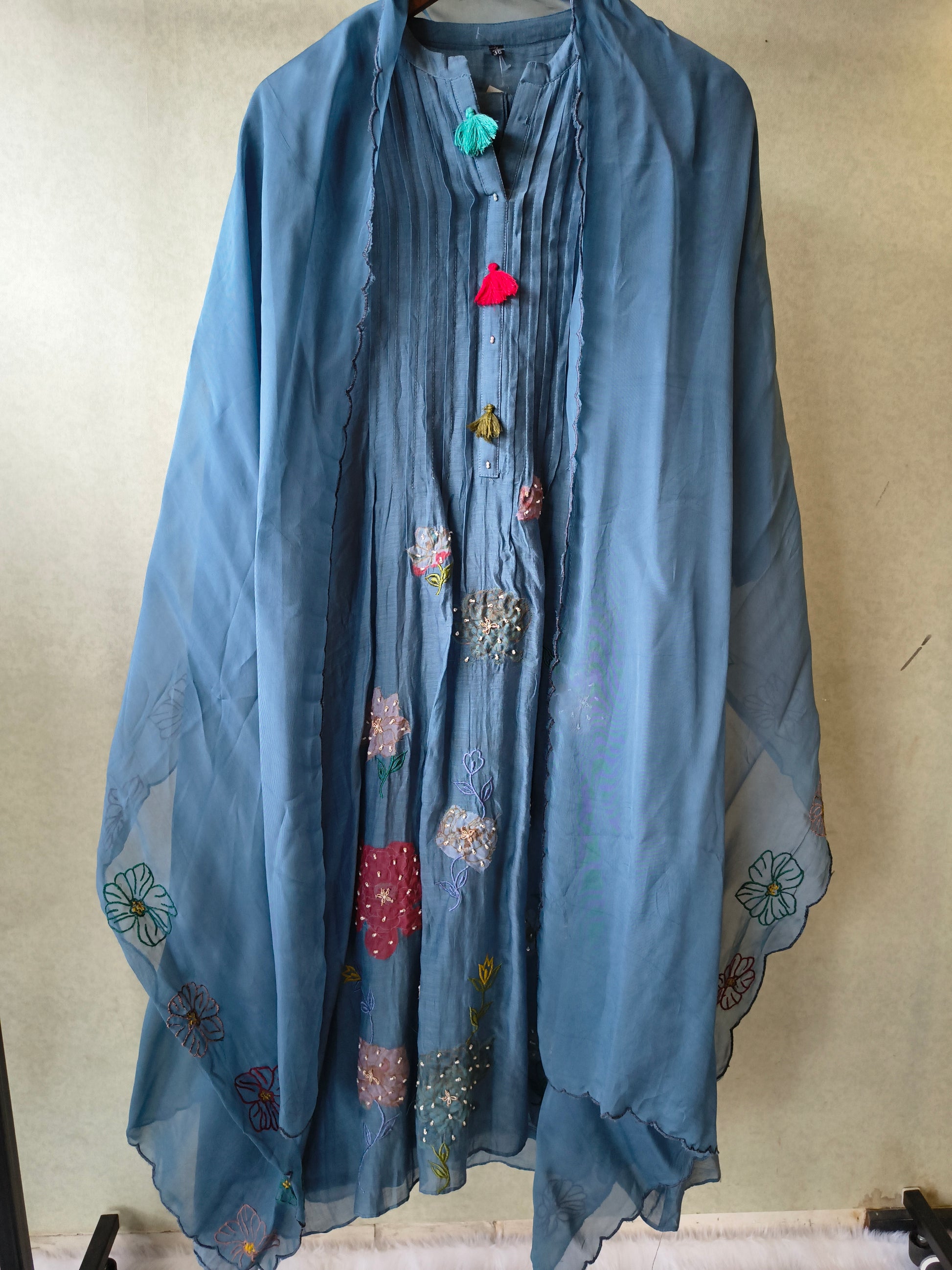 Premium Steel Blue Embroidered Straight Kurta with Dhoti Pants & Embroidered Organza Dupatta Set