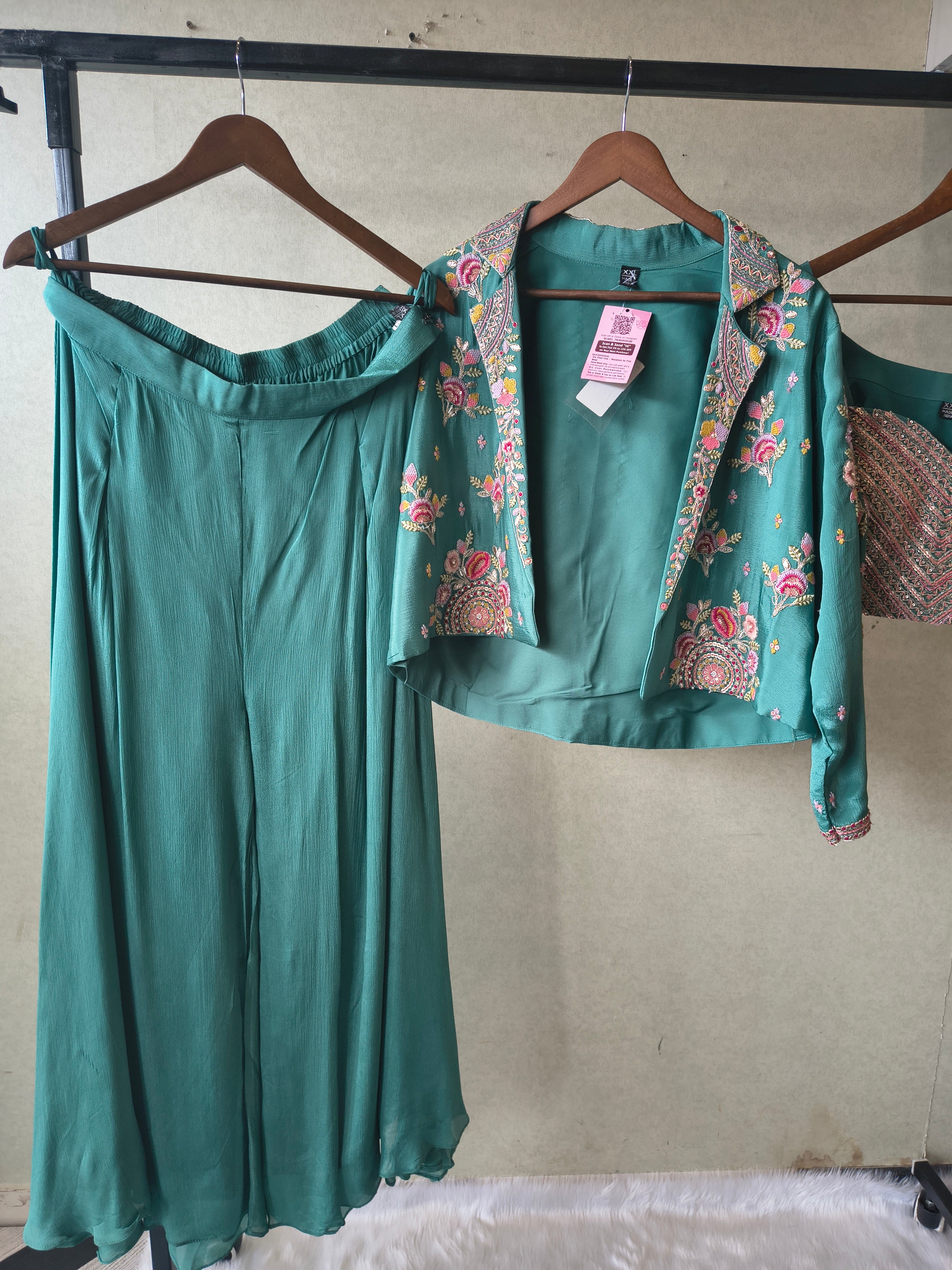 Image of Premium Emerald Green 3-Piece Designer Palazzo Set with Heavy Embroidered Jacket & Sequins Blouse