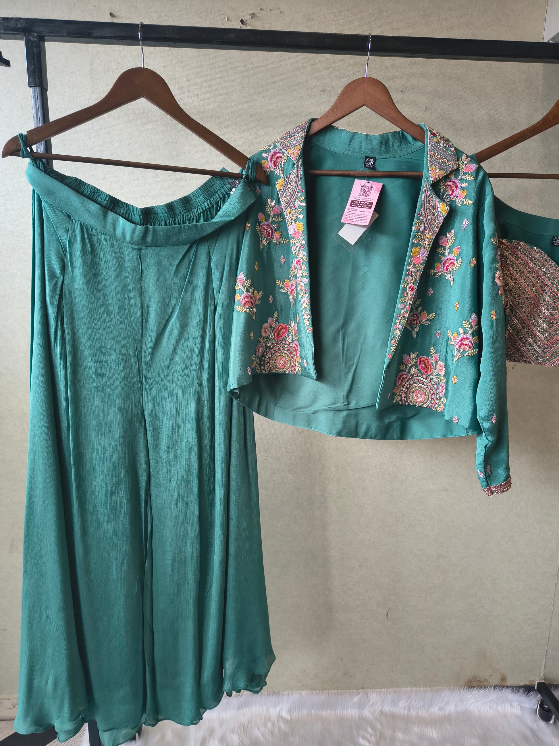 Premium Emerald Green 3-Piece Designer Palazzo Set with Heavy Embroidered Jacket & Sequins Blouse