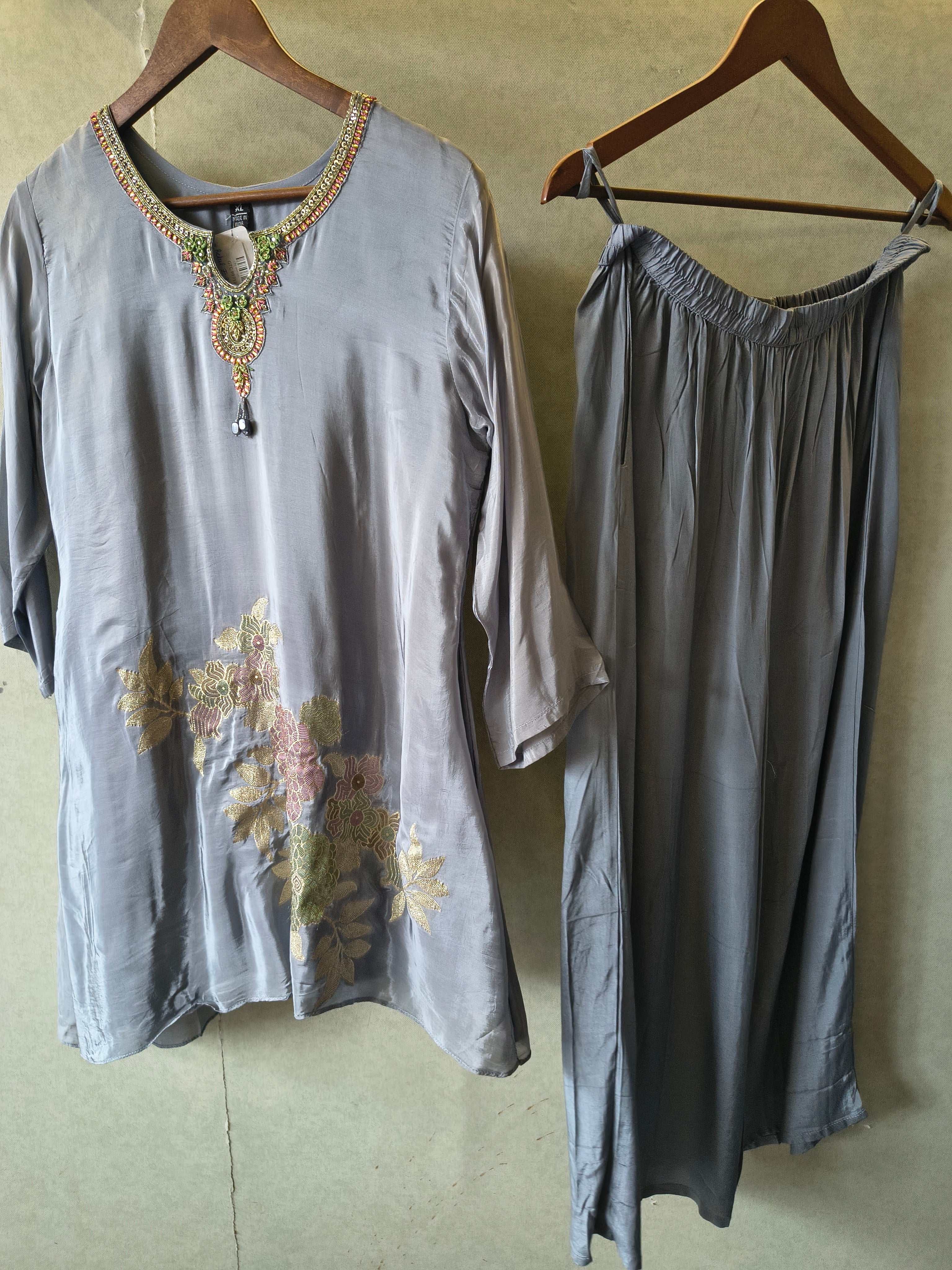 Image of Grey Embroidered Premium Silk Co-Ord Set