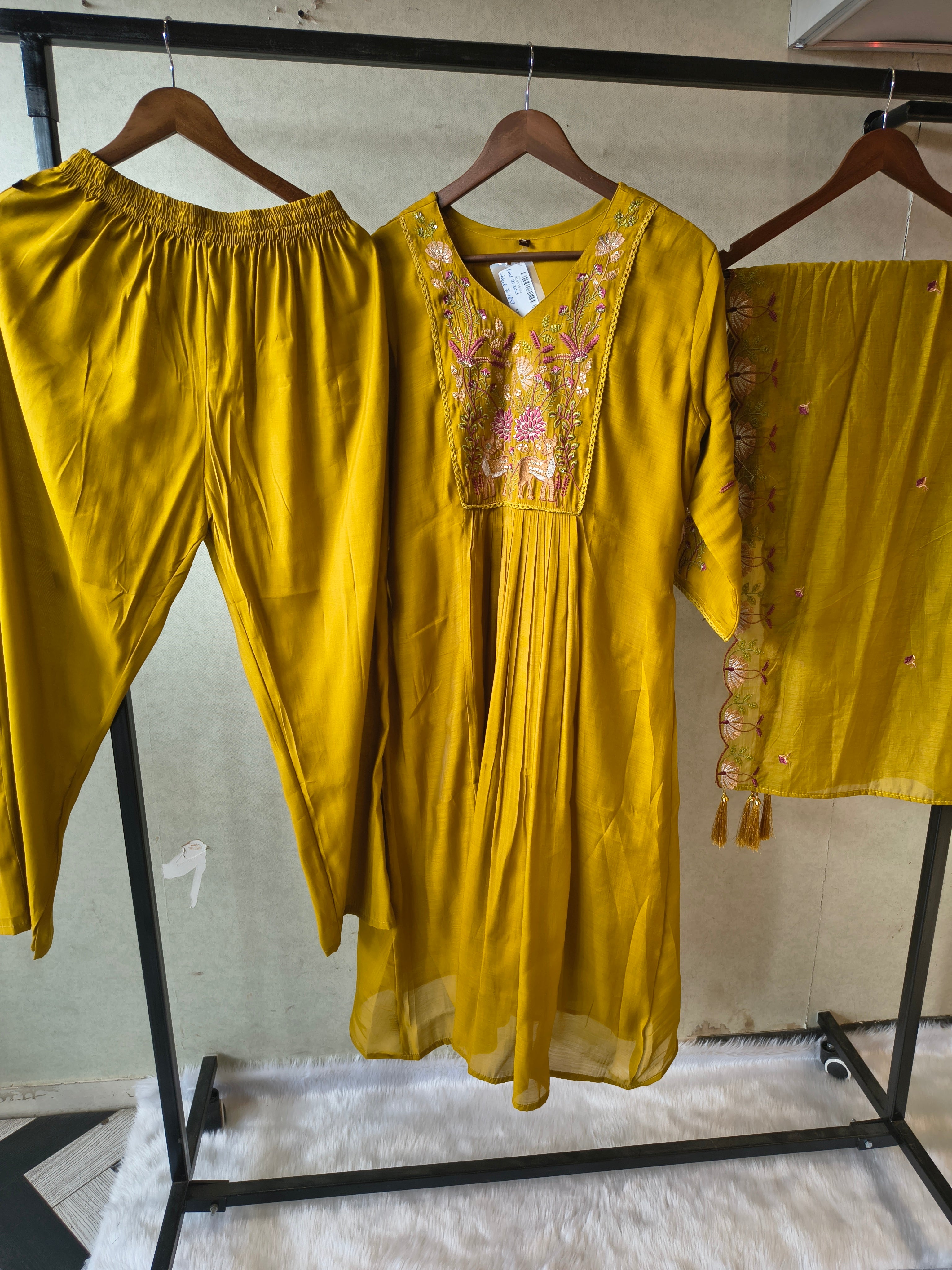 Image of Mustard Yellow Cotton Blend 3-Piece Suit Set with Floral Embroidered Yoke & Tassel Dupatta