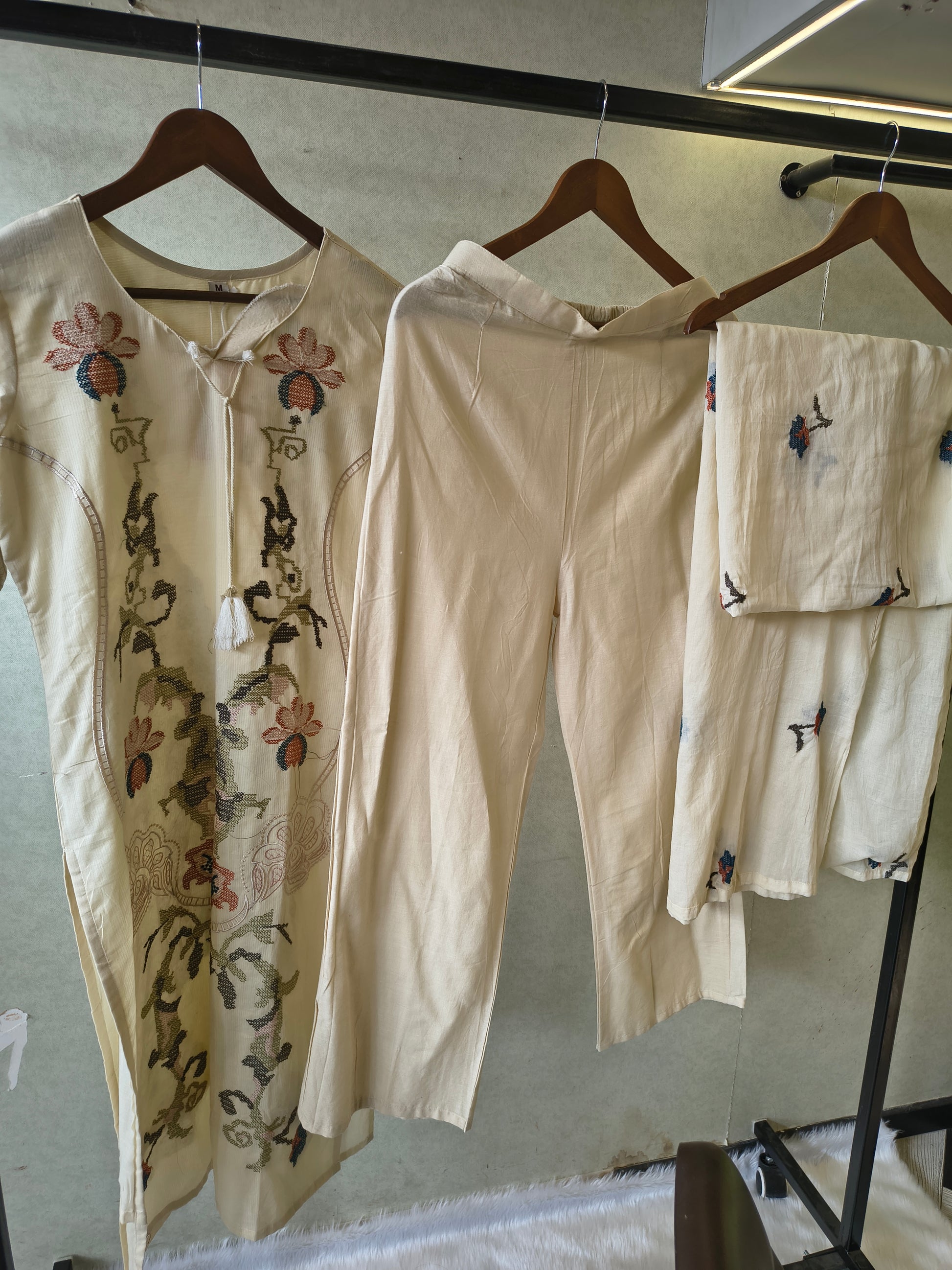 Ivory Cotton 3-Piece Suit Set with Floral Vine Embroidery & Embroidered Dupatta