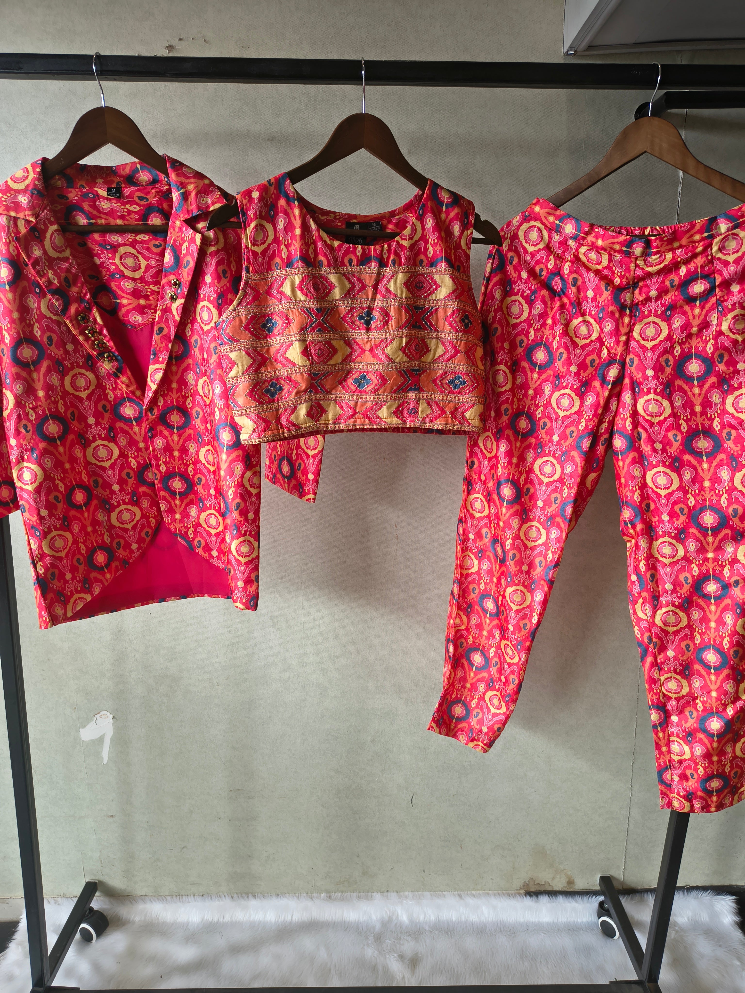 Image of Premium Indo-Western Printed Co-ord Set with Embroidered Crop Top, Printed Shirt & Straight Pants