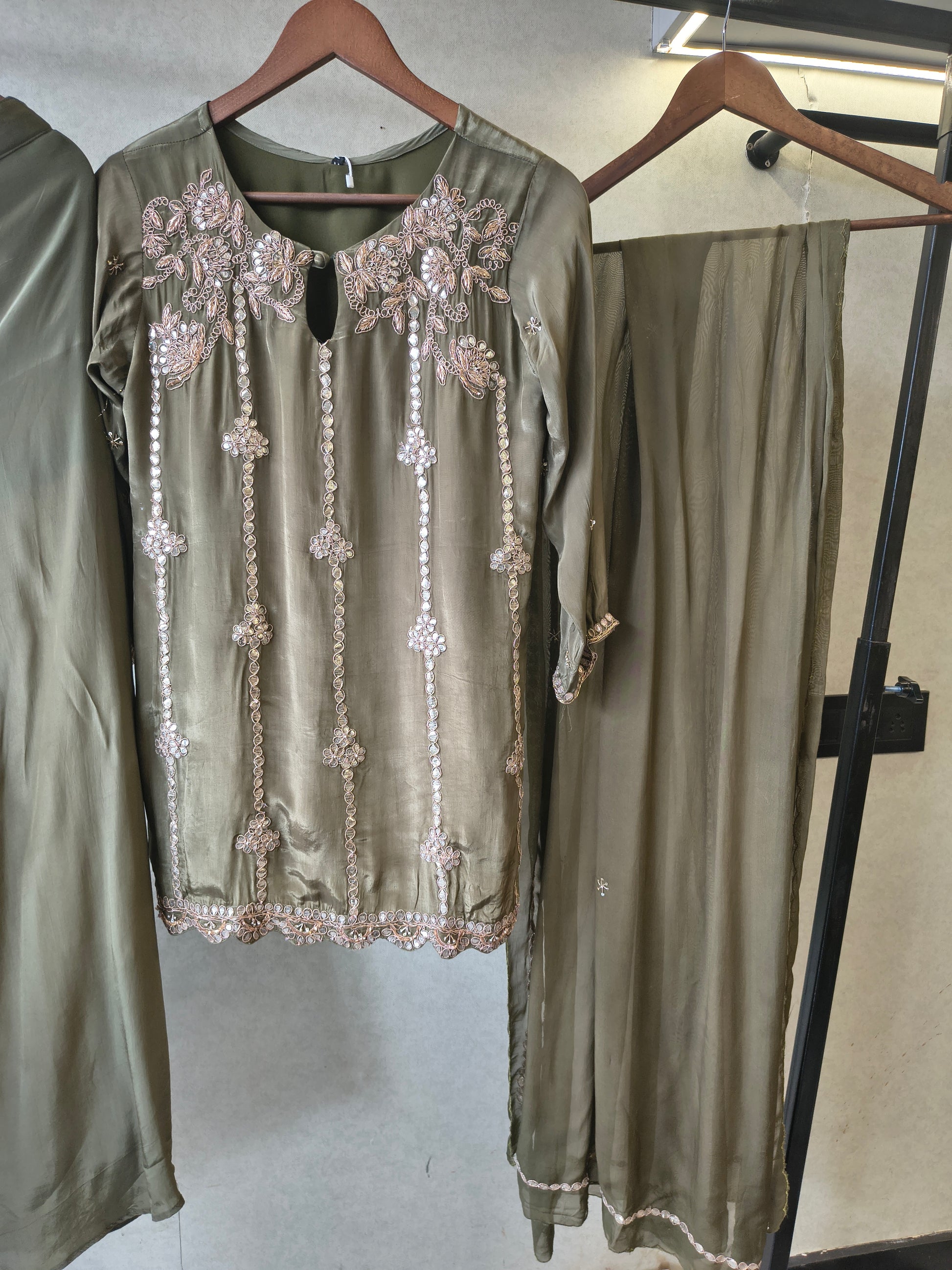 Olive Green Pearl & Mirror Embroidered Kurta Set with Flared Palazzo & Organza Dupatta – Designer 3 Piece Festive Ensemble
