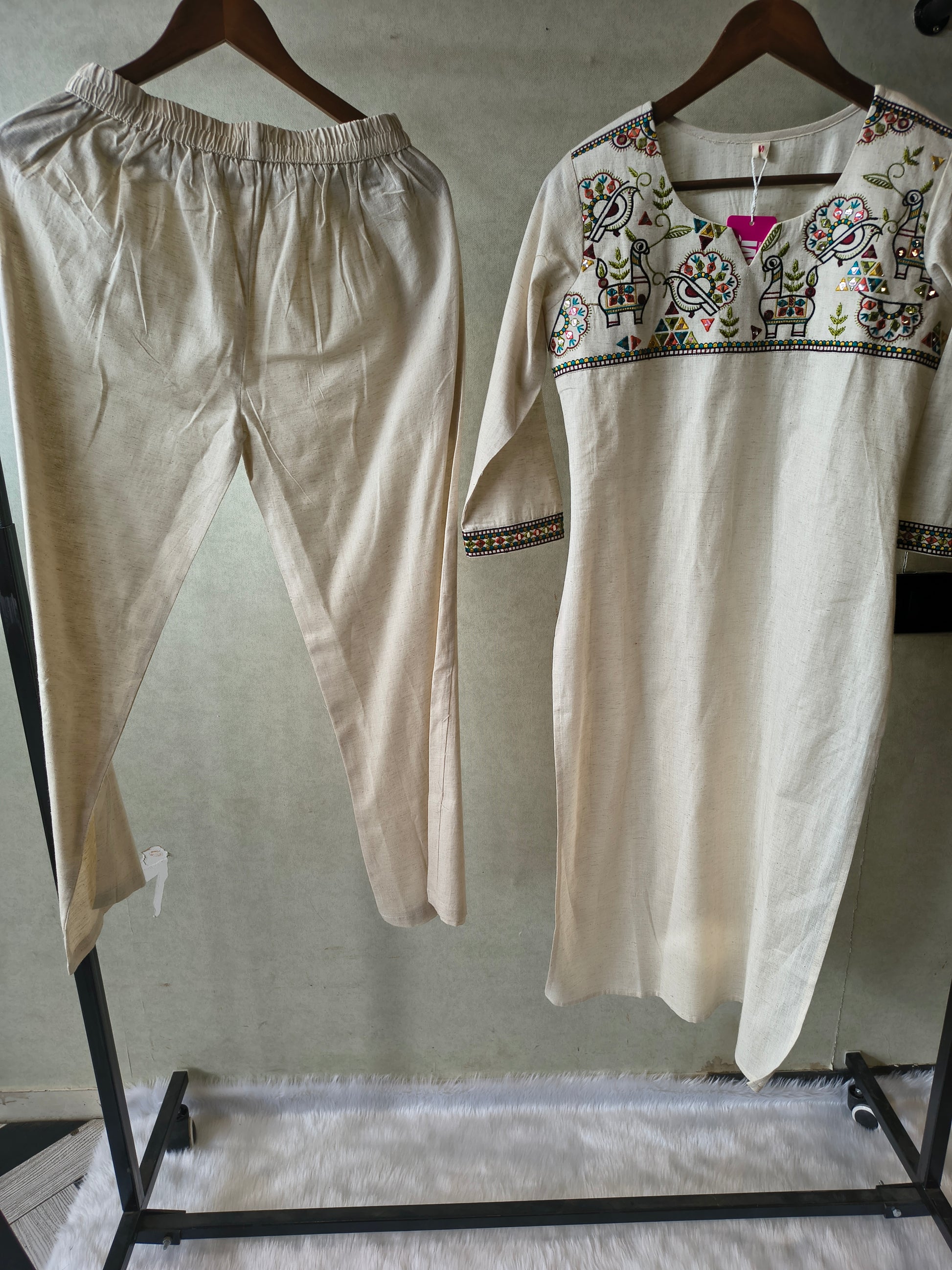 Ivory Cotton Linen Kurta Set with Multicolour Folk Embroidery & Straight Pants
