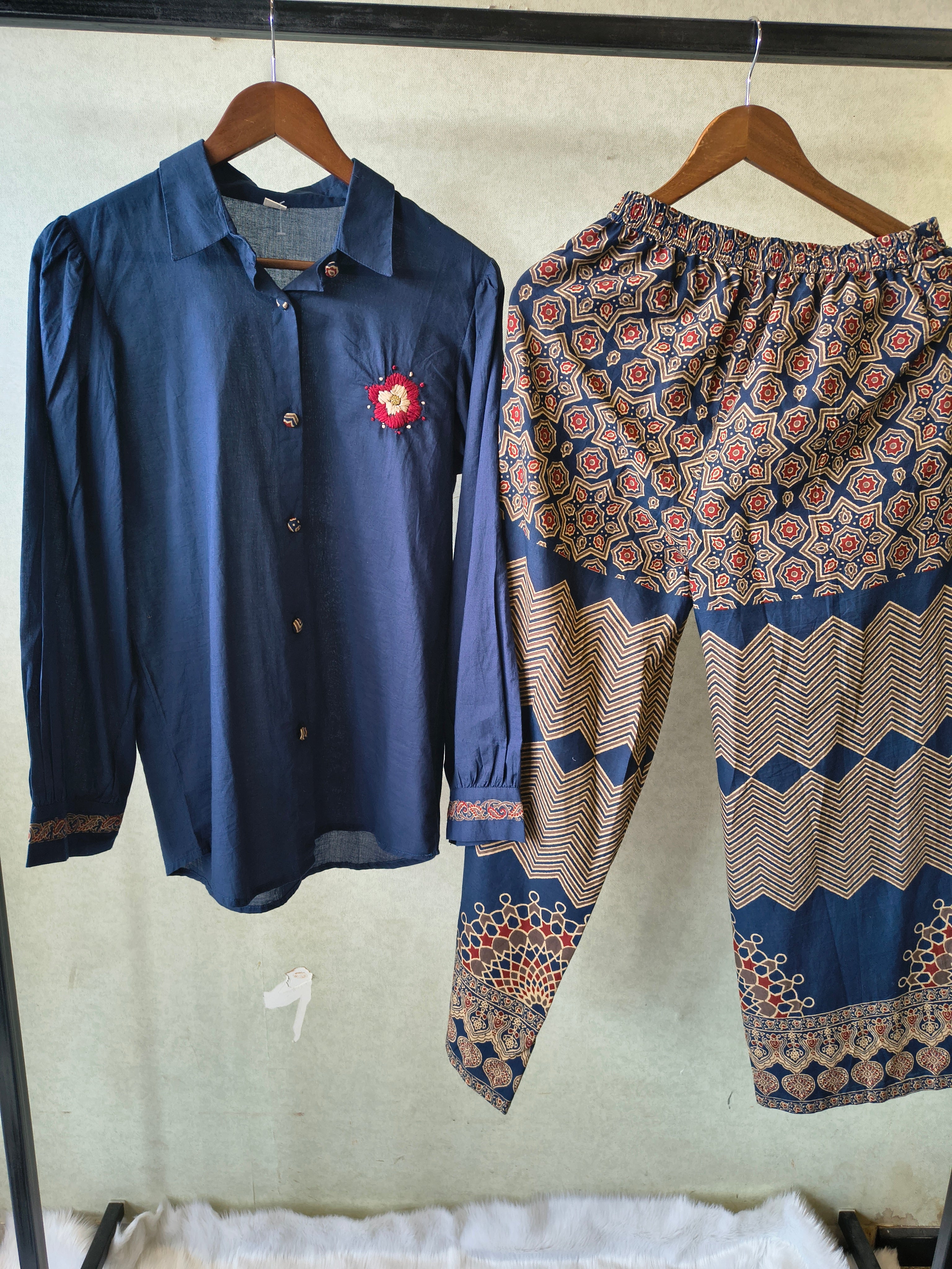 Image of Navy Blue Designer Shirt Co-Ord Set with Statement Printed Palazzo Pants
