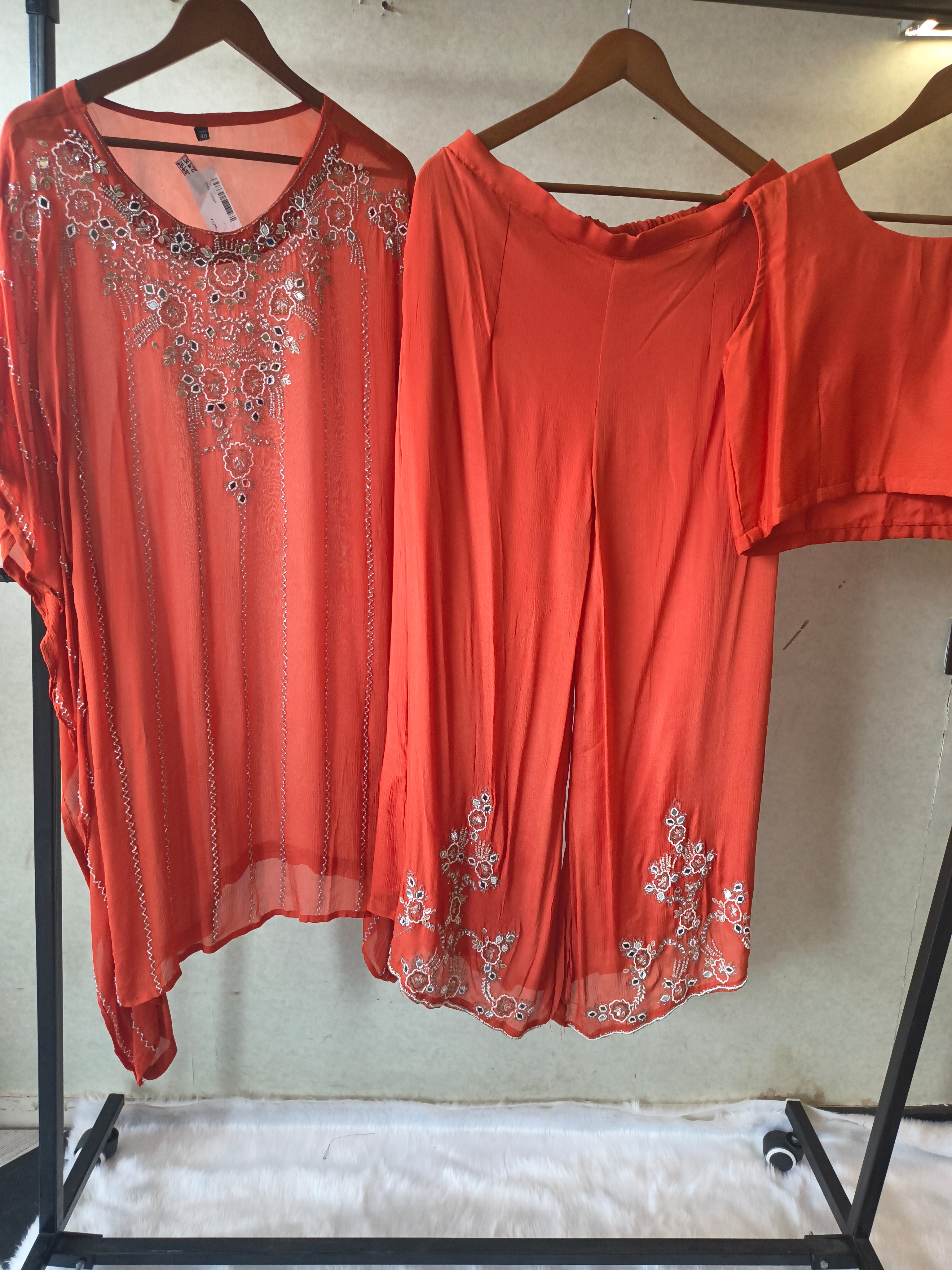 Image of Rust Orange Embroidered Kaftan Co-Ord Set with Palazzo & Blouse – Designer 3 Piece Indo-Western Fusion Wear