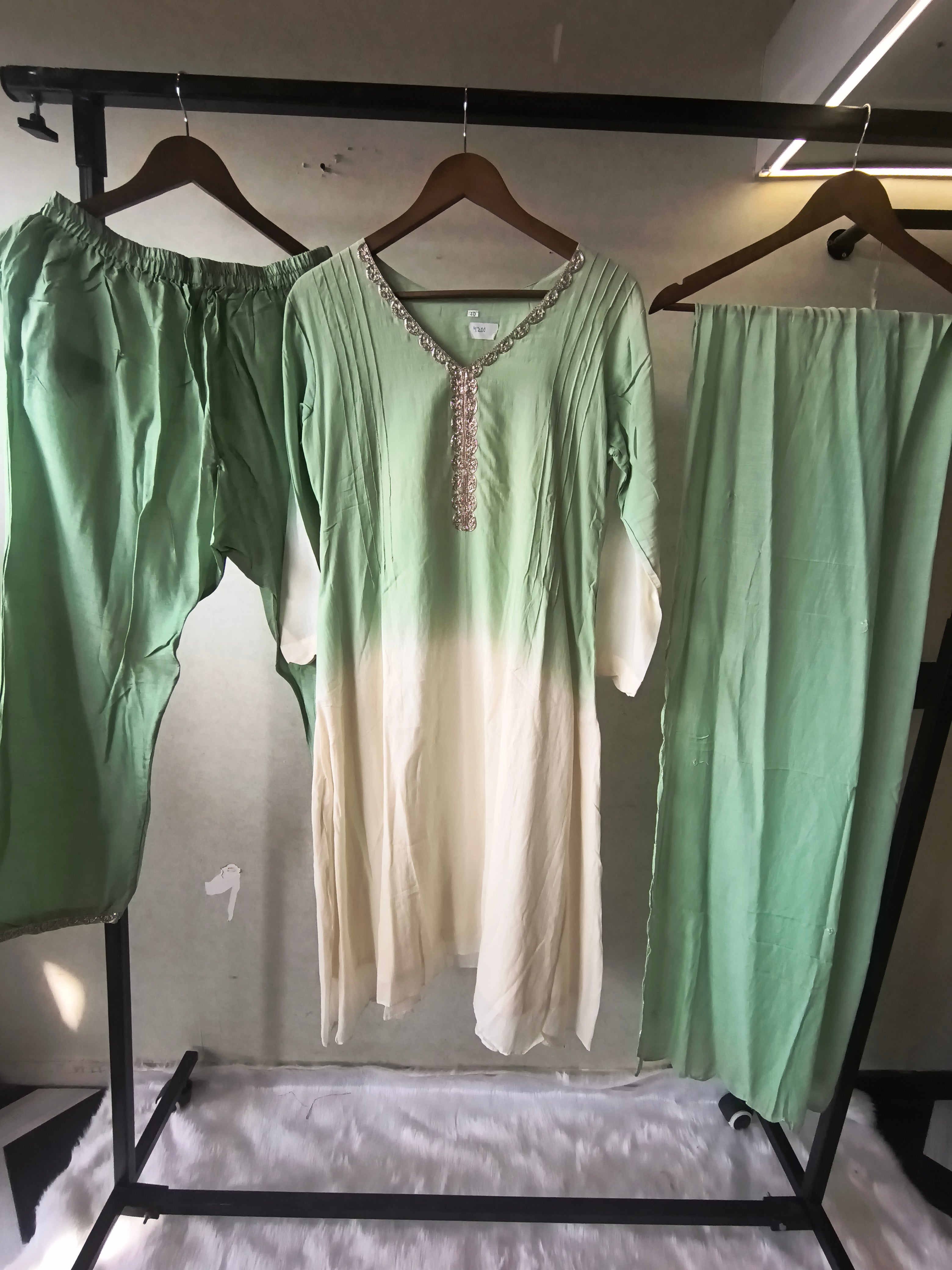 Image of Mint Green Ombre Silk Blend Kurta Set with Embellished Neckline & Matching Dupatta – Premium 3 Piece Ethnic Ensemble