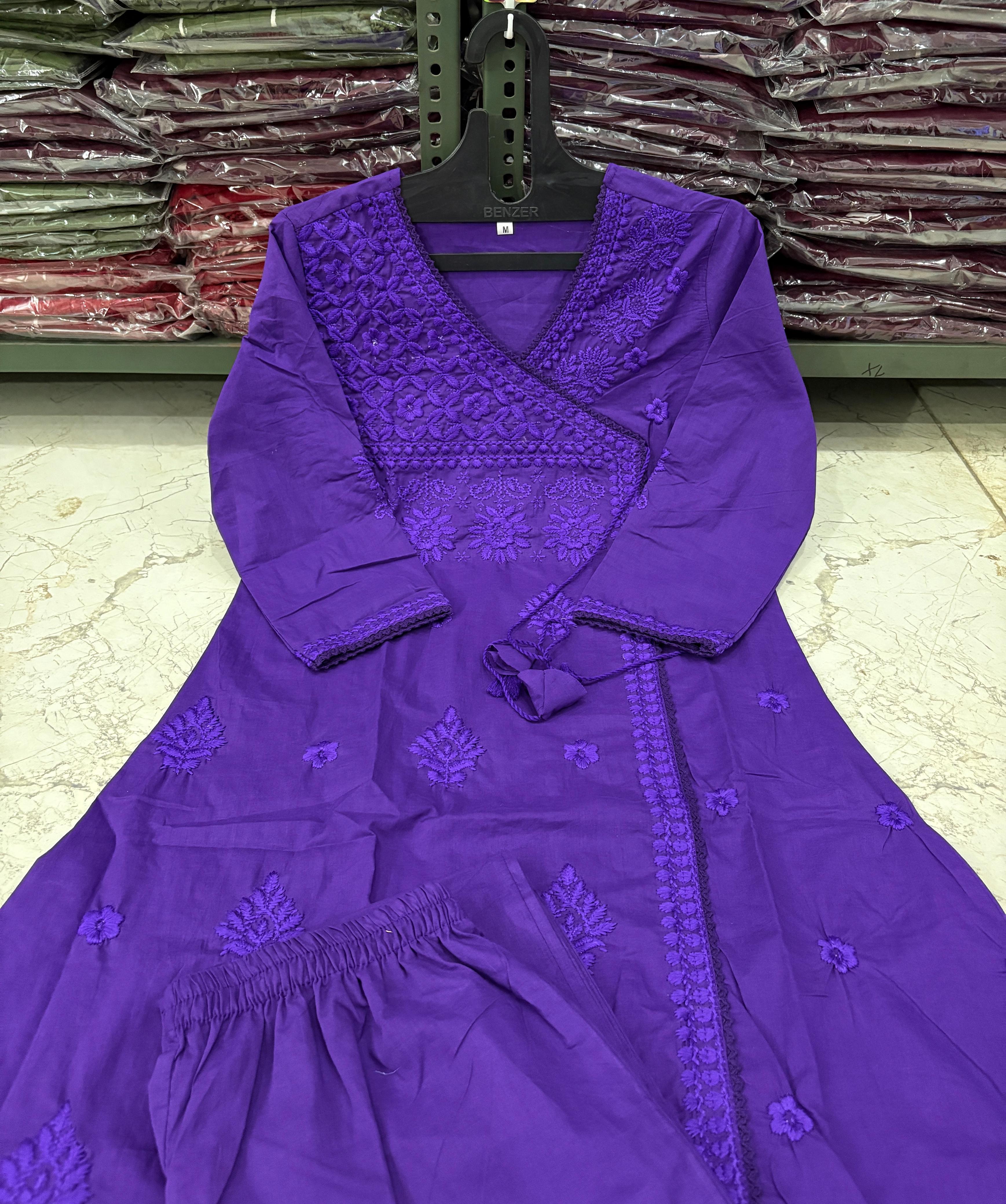 Image of Beautiful cotton chikankari angrakha style pant sets perfect for this Summer
Women's Embroidered& pitten work printed Cotton kurta & pant with malmal dupatta set