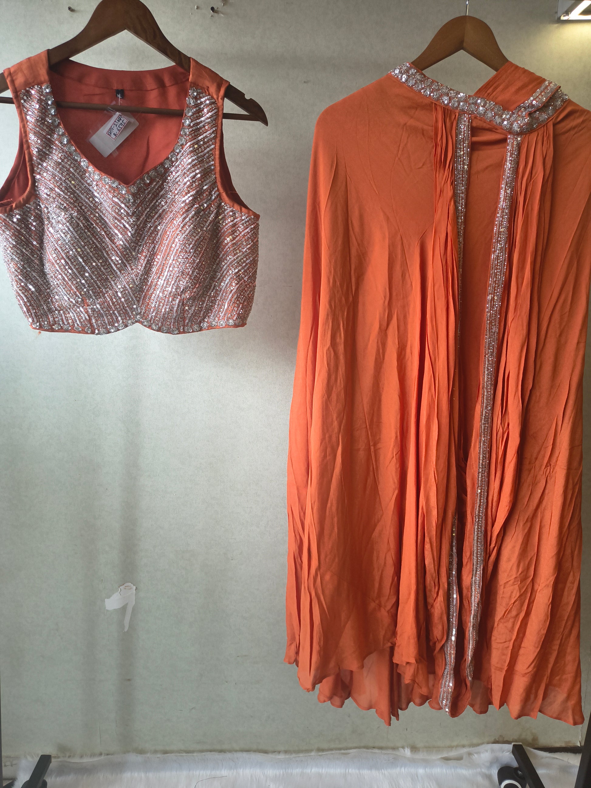 Burnt Orange Embellished Designer Blouse with Drape Palazzo & Cape – 3 Piece Indo-Western Party Wear Set