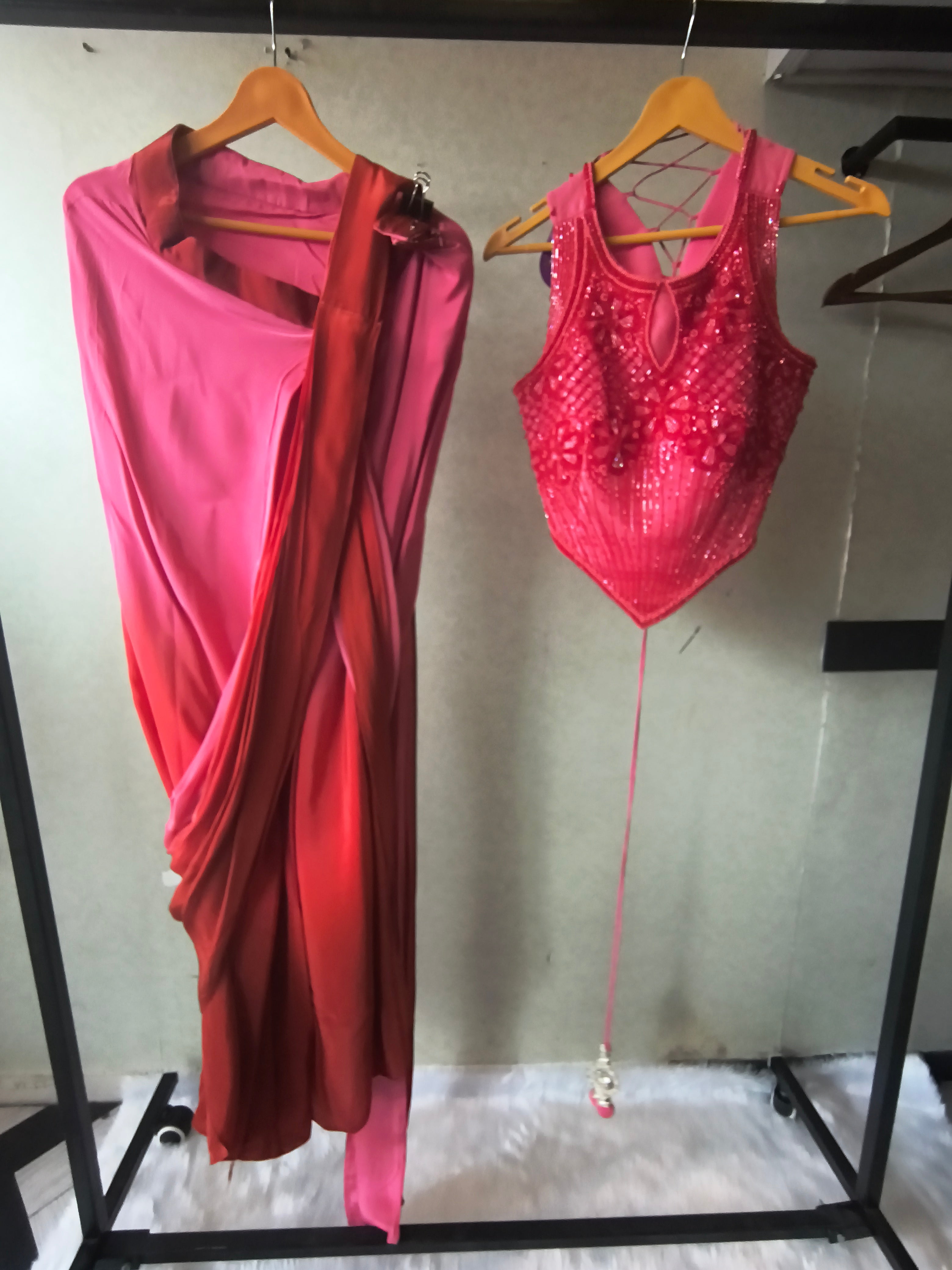 Image of Premium Ombre Pink Pre-Draped Designer Saree with Heavy Hand Embroidered Corset Blouse
