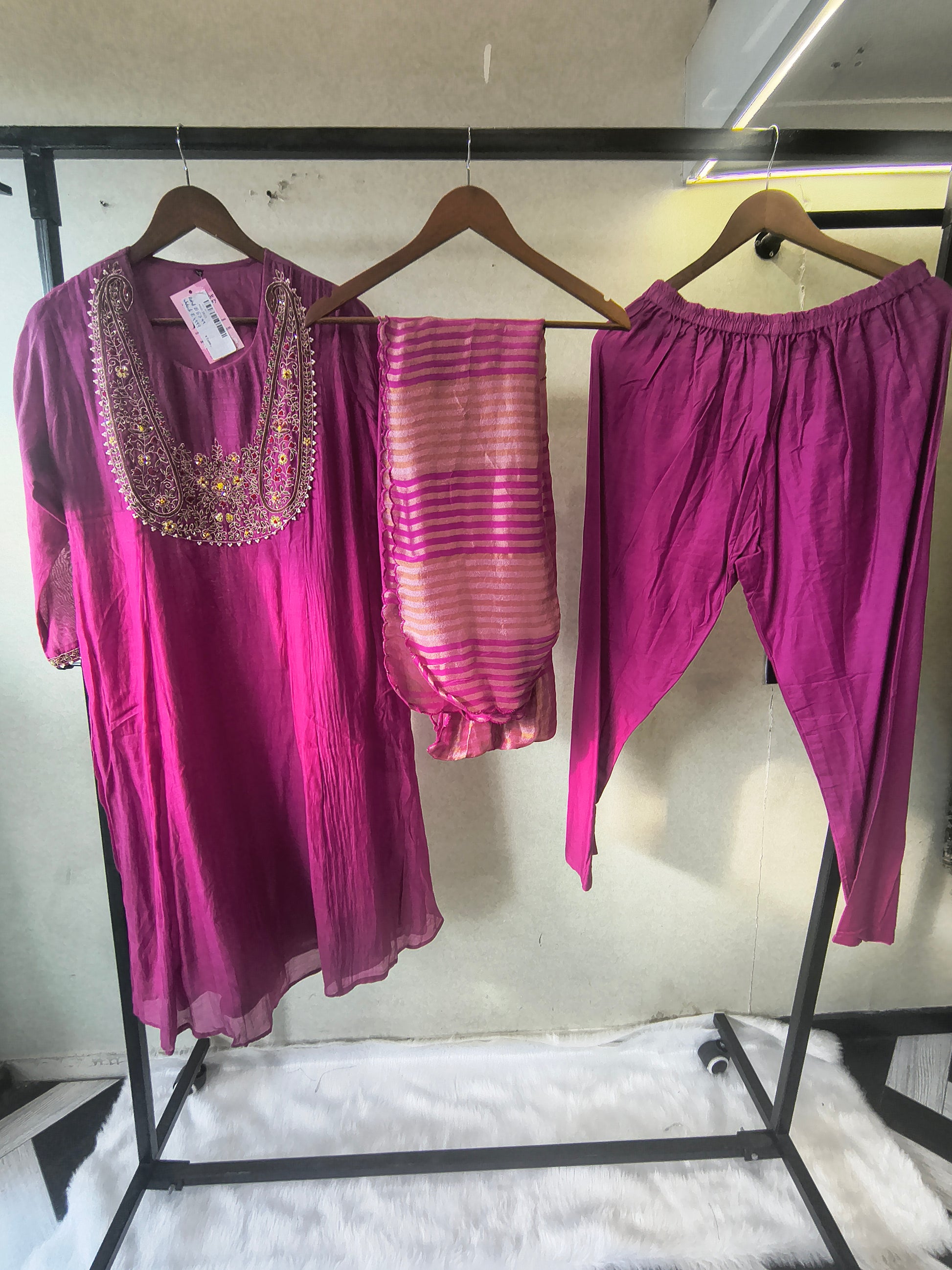 Magenta Embroidered Straight Kurta Set with Heavy Handcrafted Yoke, Striped Organza Dupatta & Premium 3 Piece Ethnic Ensemble