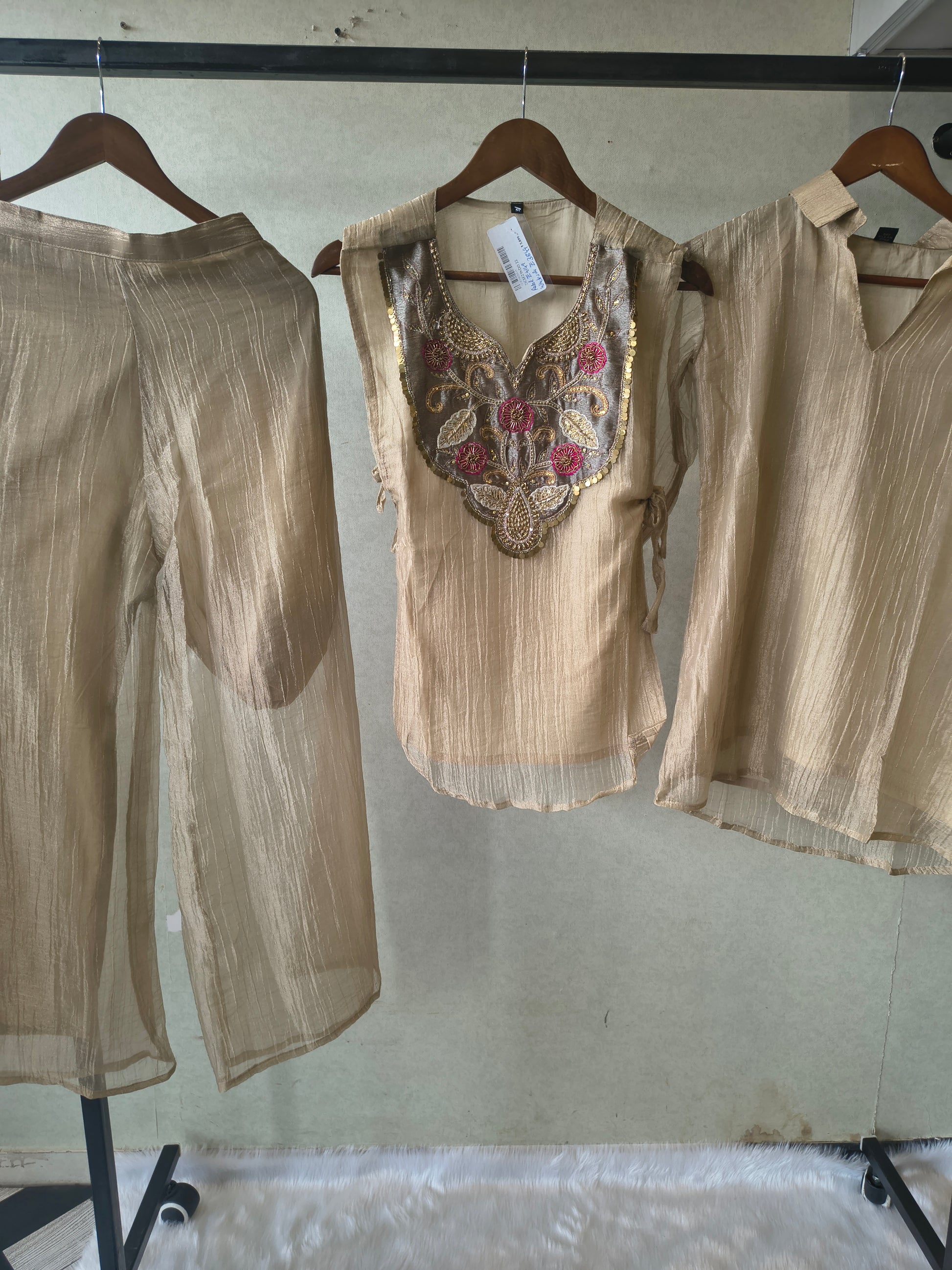 Premium Champagne Tissue Silk Embroidered Kurta with Hand Embellished Statement Yoke