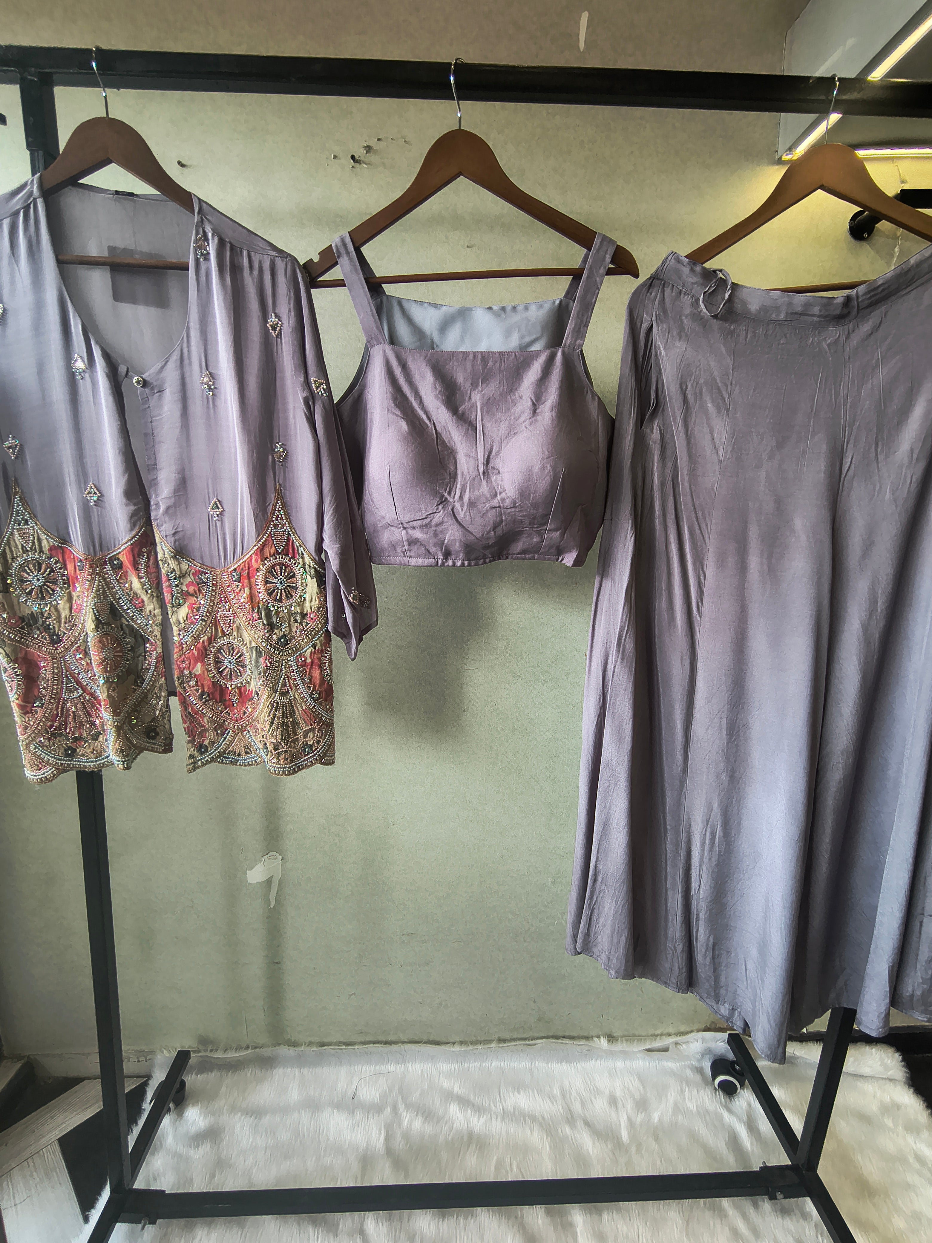 Image of Dusty Mauve Tissue Silk Embroidered Peplum Jacket with Bustier & Flared Palazzo – 3 Piece Designer Indo-Western Set