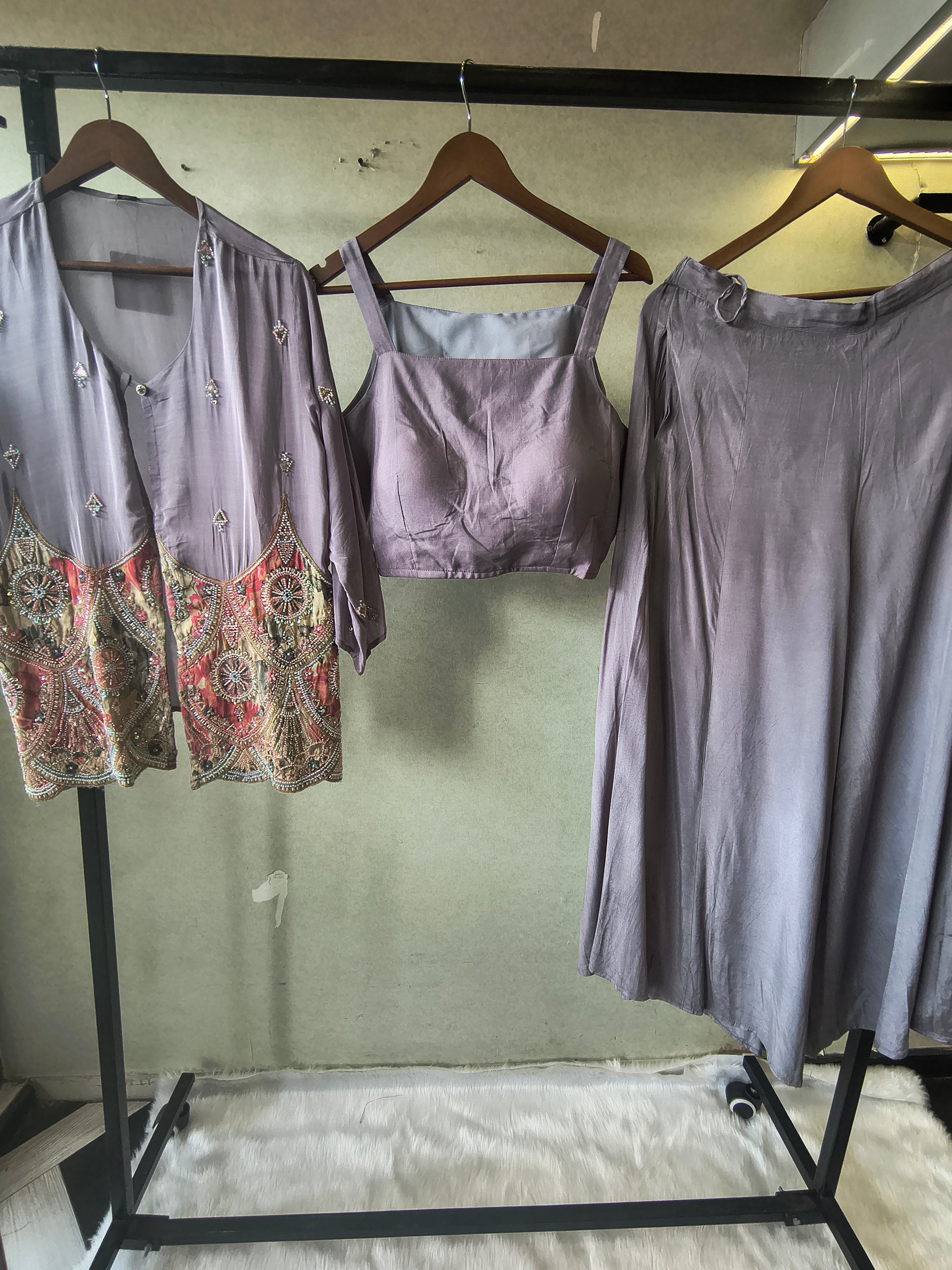 Dusty Mauve Tissue Silk Embroidered Peplum Jacket with Bustier & Flared Palazzo – 3 Piece Designer Indo-Western Set