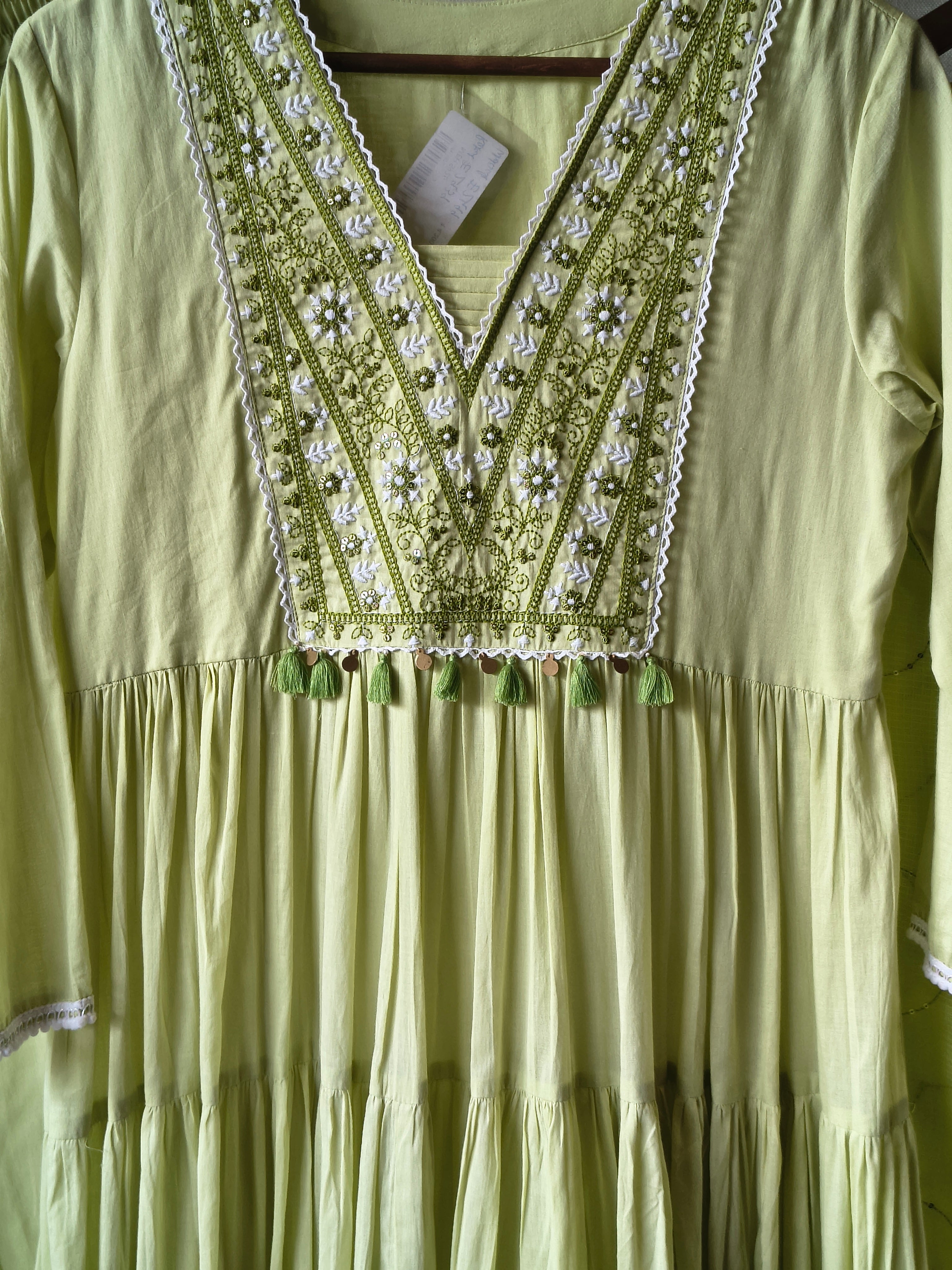 Image of Lime Green Cotton Tiered Kurta Set with Embroidered Yoke & Quilted Dupatta