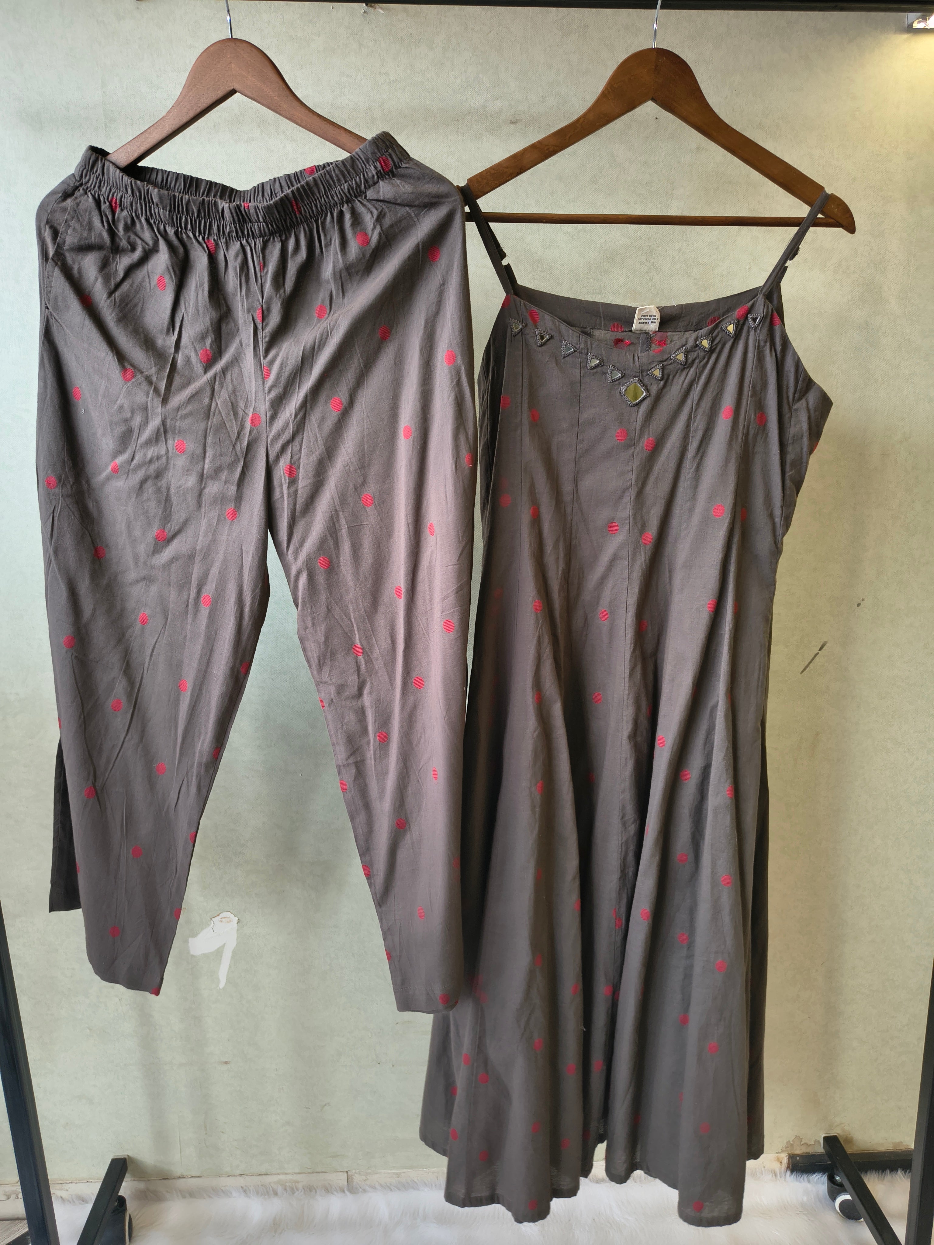 Image of Premium Charcoal Grey Polka Dot Cotton Sleeveless A-Line Kurta & Pant Co-Ord Set