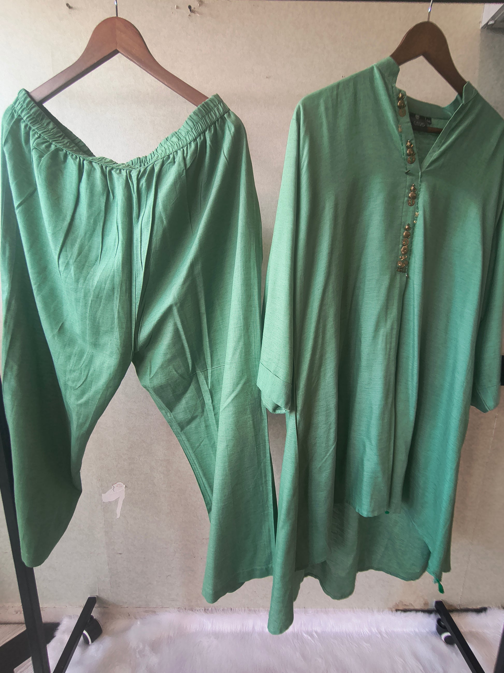 Premium Sage Green Designer Co-Ord Kurta Set with Antique Button Detailing