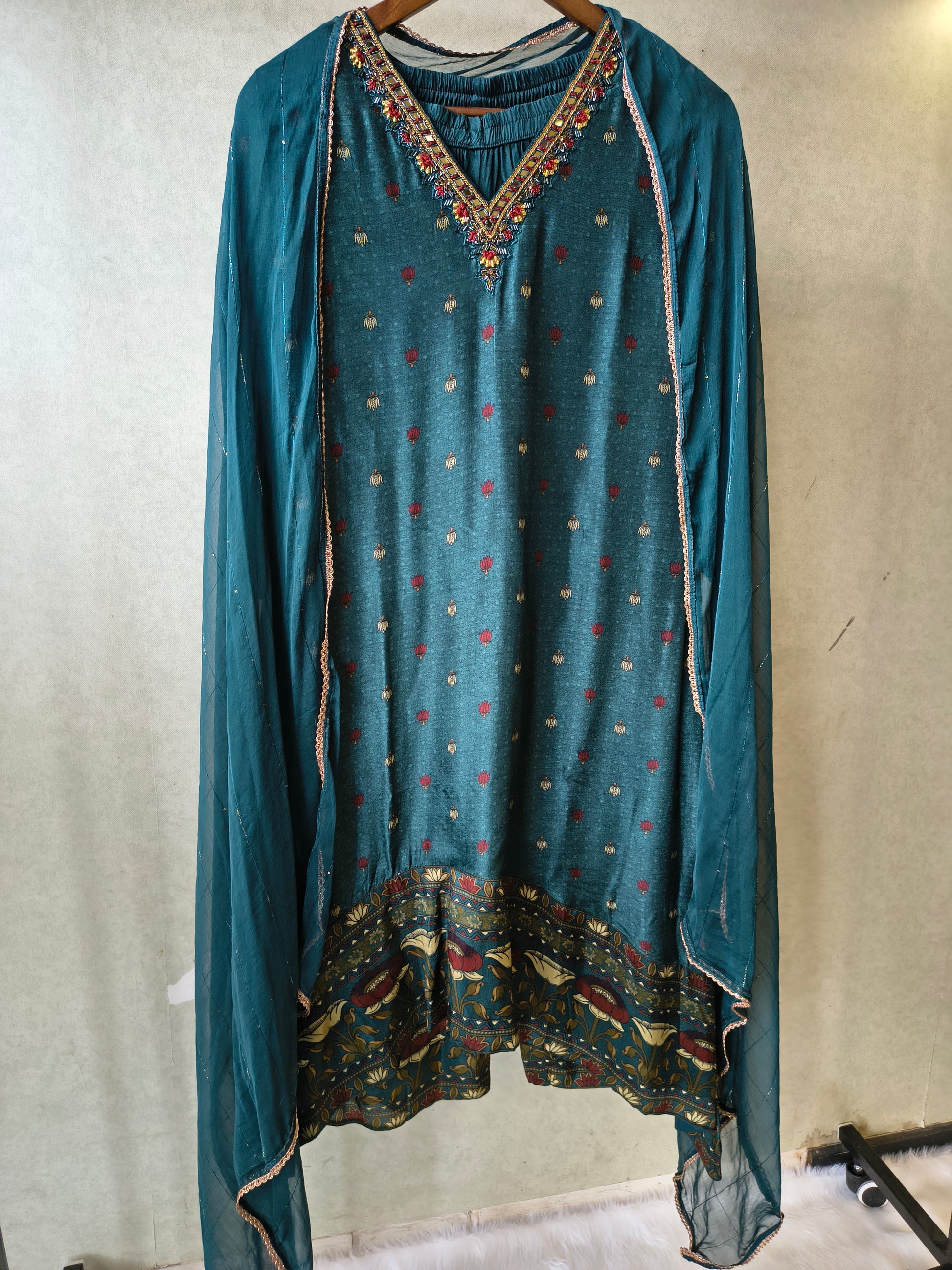 Premium Teal Printed Straight Kurta with Palazzo & Dupatta Set
