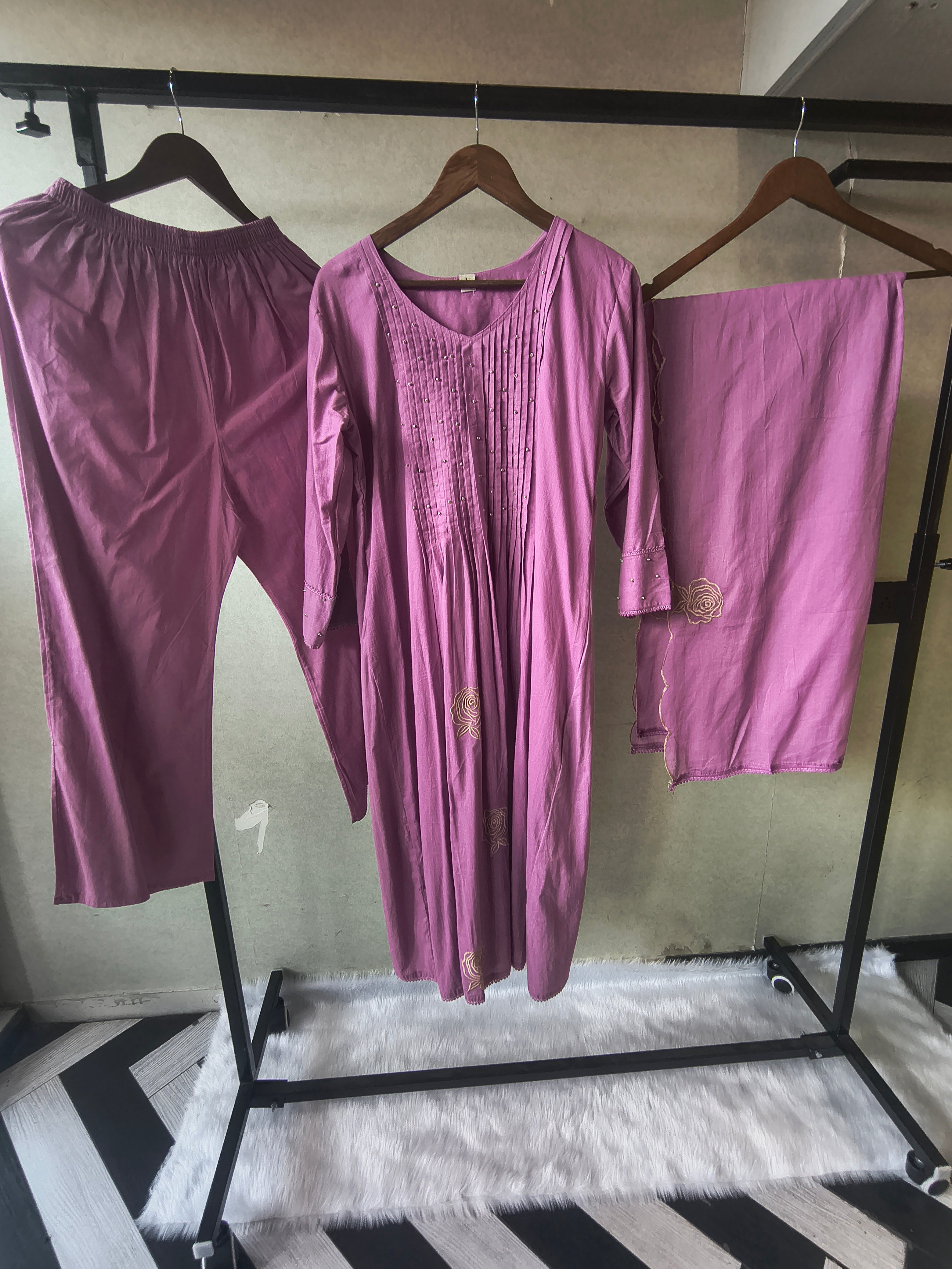Image of Dusty Mauve Cotton Blend 3-Piece Suit Set with Pintuck Detailing & Delicate Floral Embroidery