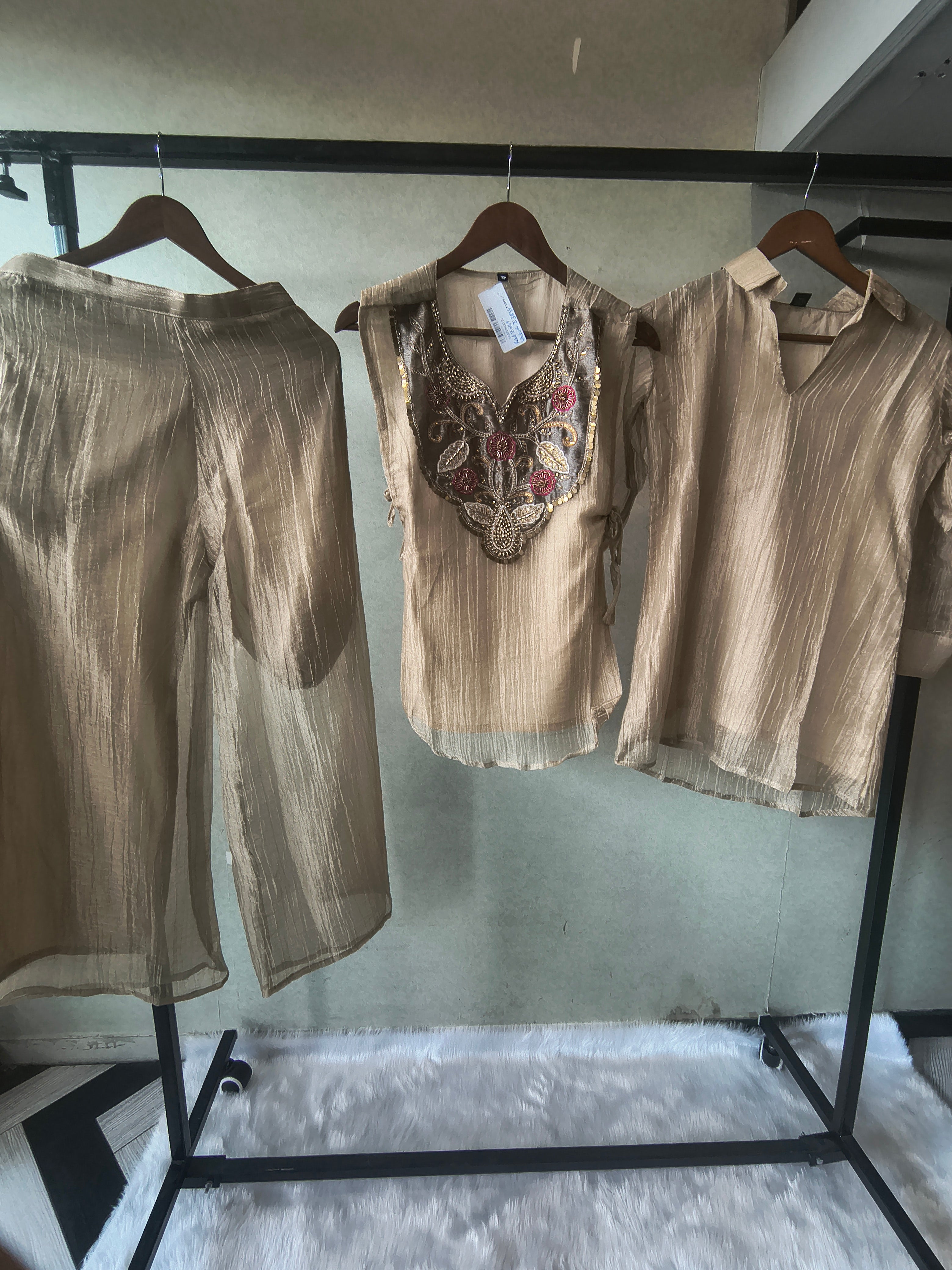 Image of Premium Champagne Tissue Silk Embroidered Kurta with Hand Embellished Statement Yoke