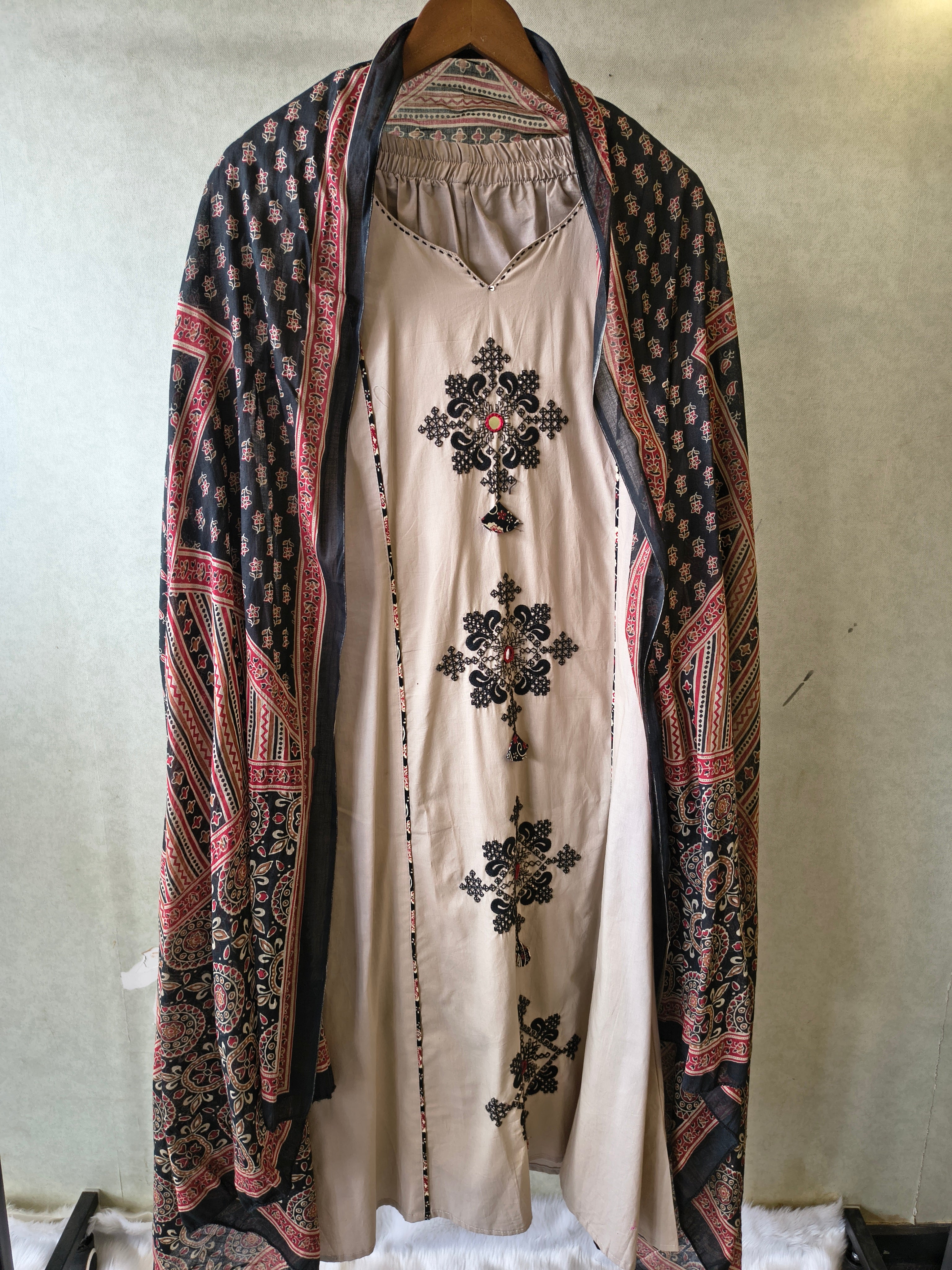 Image of Blush Beige Cotton Straight Kurta Set with Floral Embroidery & Printed Dupatta