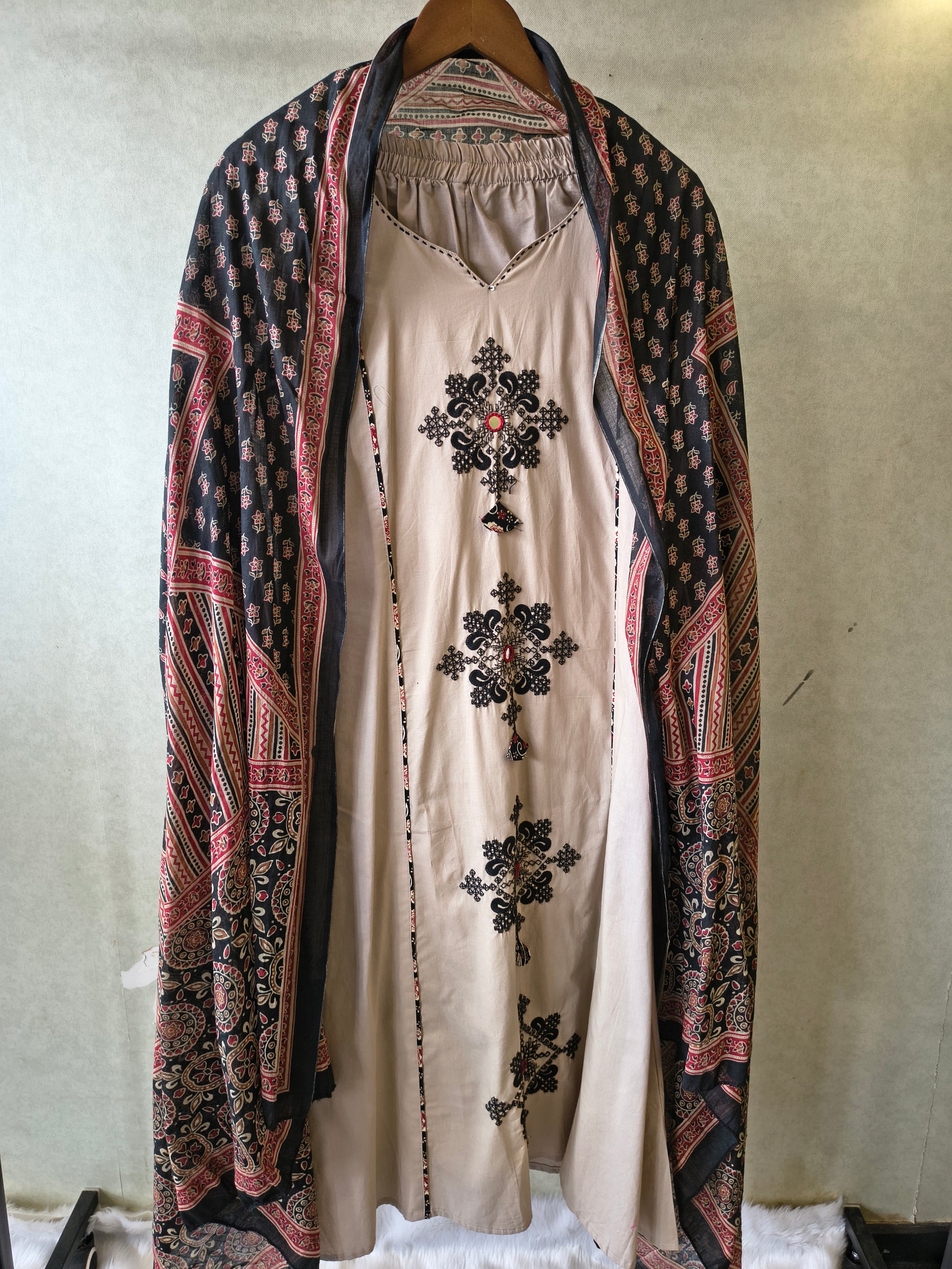 Blush Beige Cotton Straight Kurta Set with Floral Embroidery & Printed Dupatta