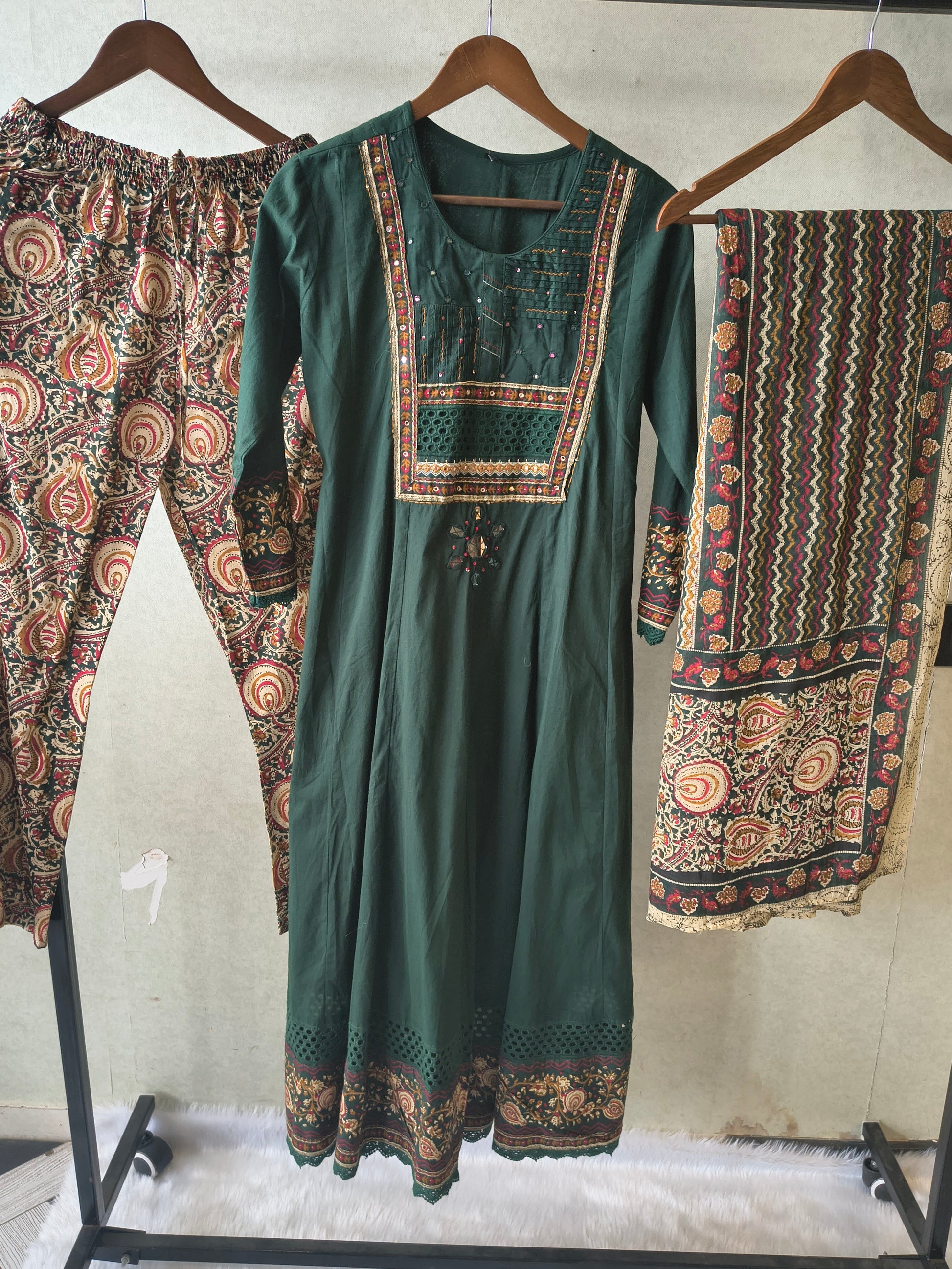 Emerald Green Embroidered Three-Piece Kurta Set with Printed Pant & Designer Dupatta