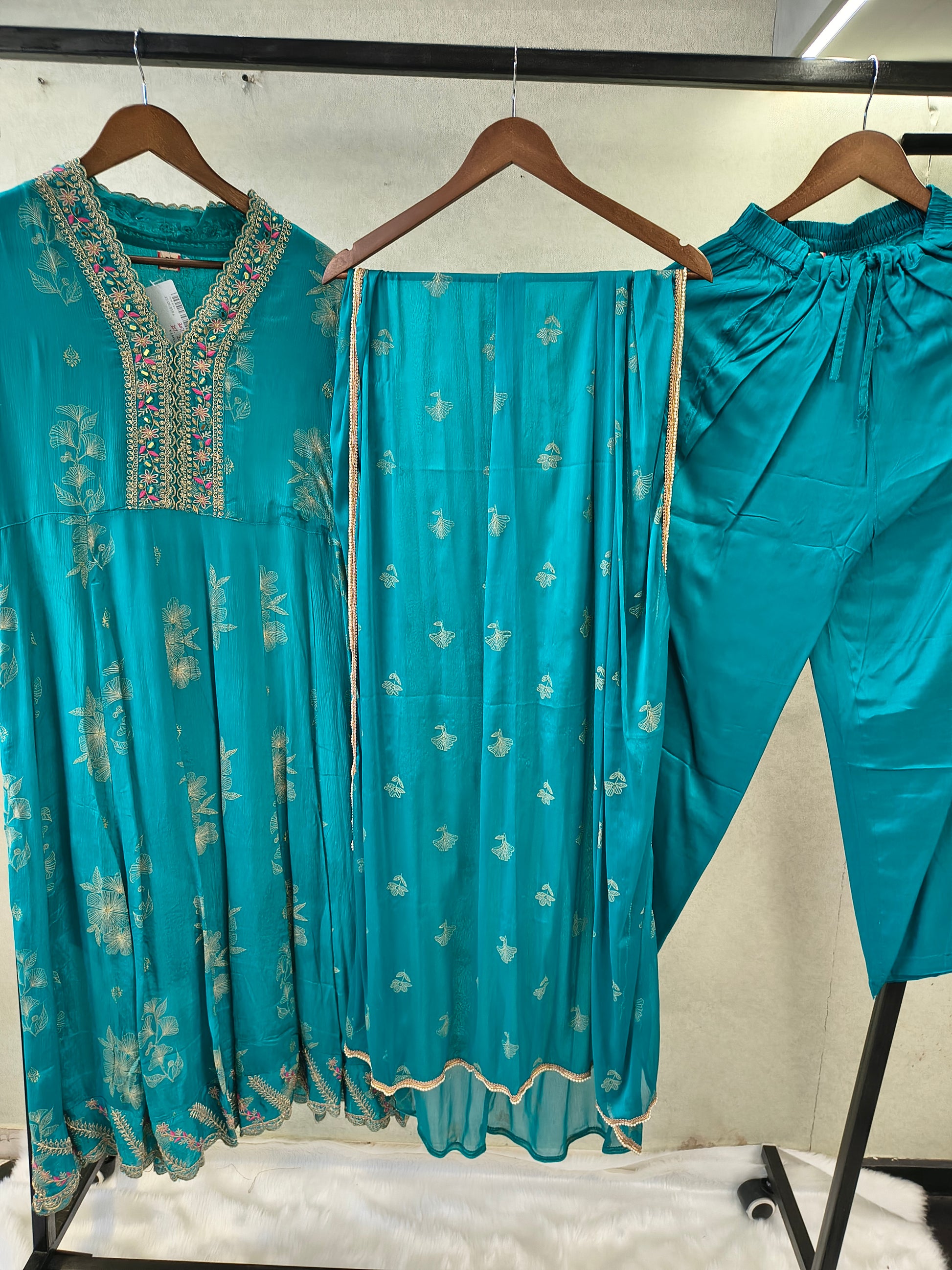 Teal Blue Floral Embroidered Anarkali Kurta Set with Straight Pants & Embroidered Chiffon Dupatta | Premium 3 Piece Festive Ensemble