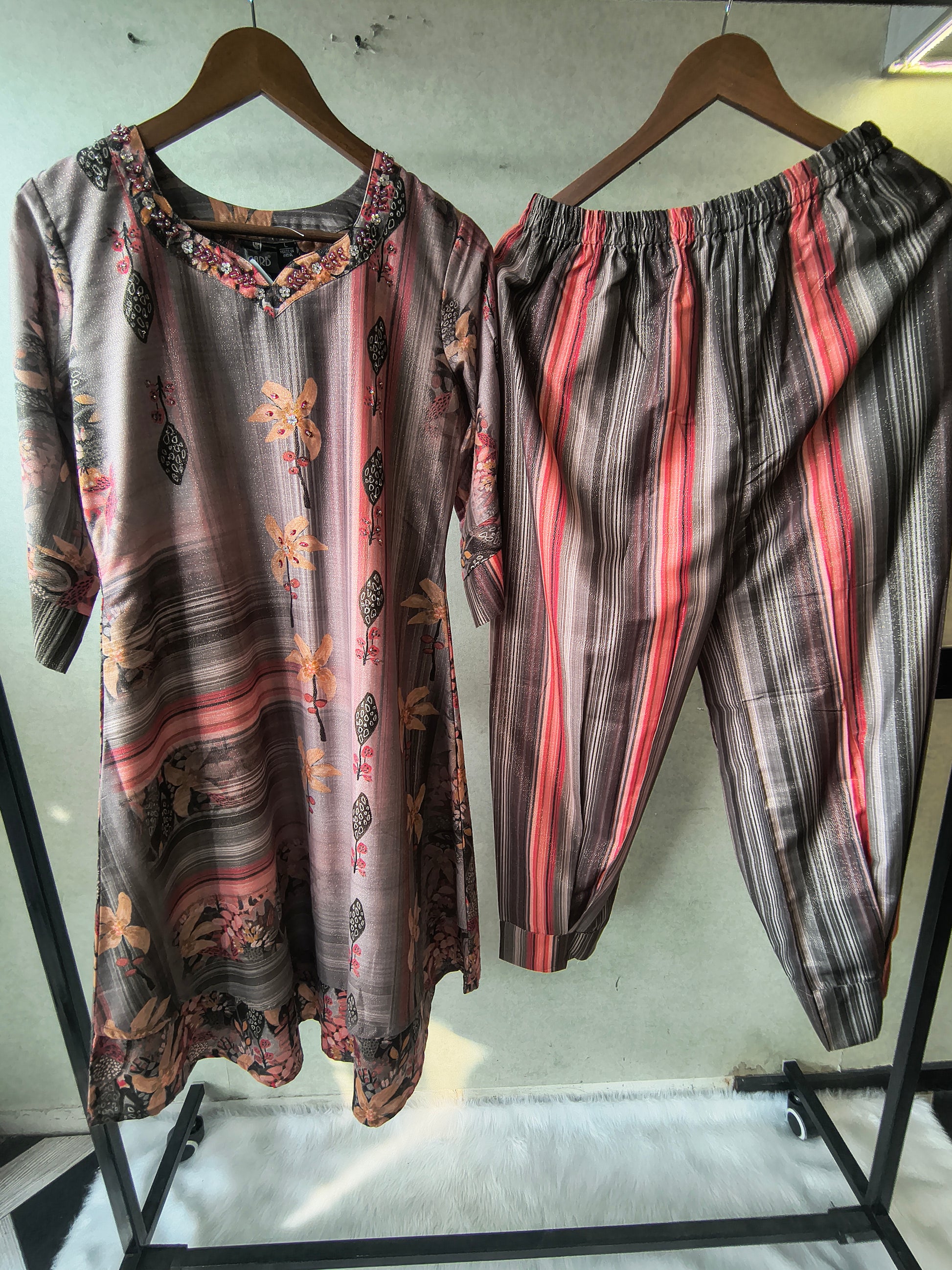 Premium Smoky Grey Artistic Printed Kurta with Striped Tapered Pants Co-Ord Set