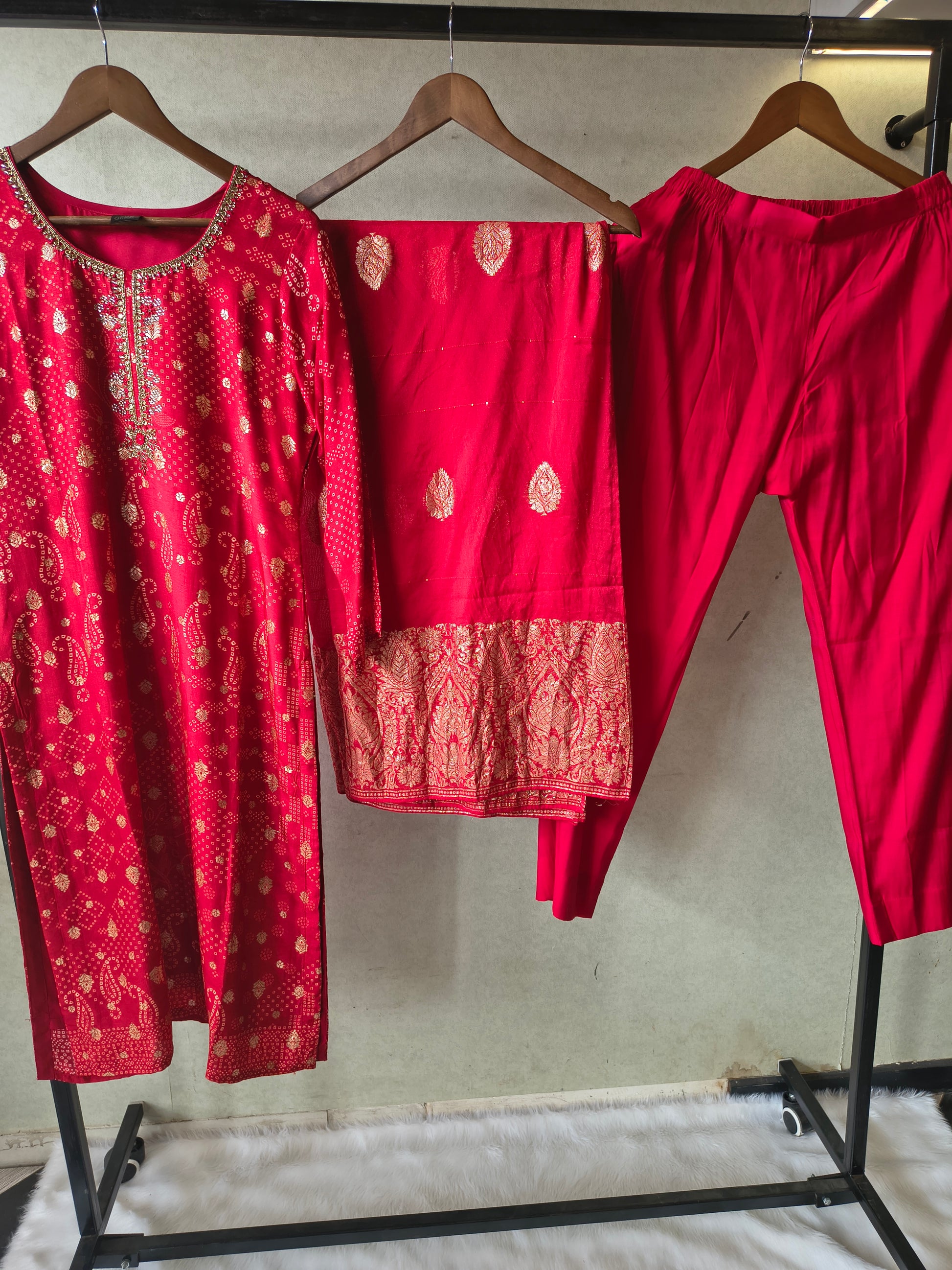 Premium Crimson Red Zari Woven Kurta with Straight Pants & Banarasi Border Dupatta Set