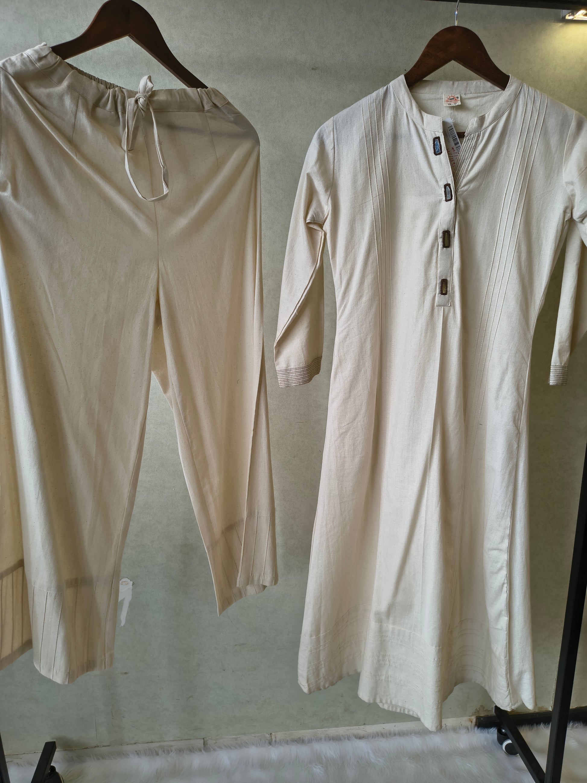 Premium Off-White Cotton A-Line Kurta & Pant Co-Ord Set with Pintuck Detailing