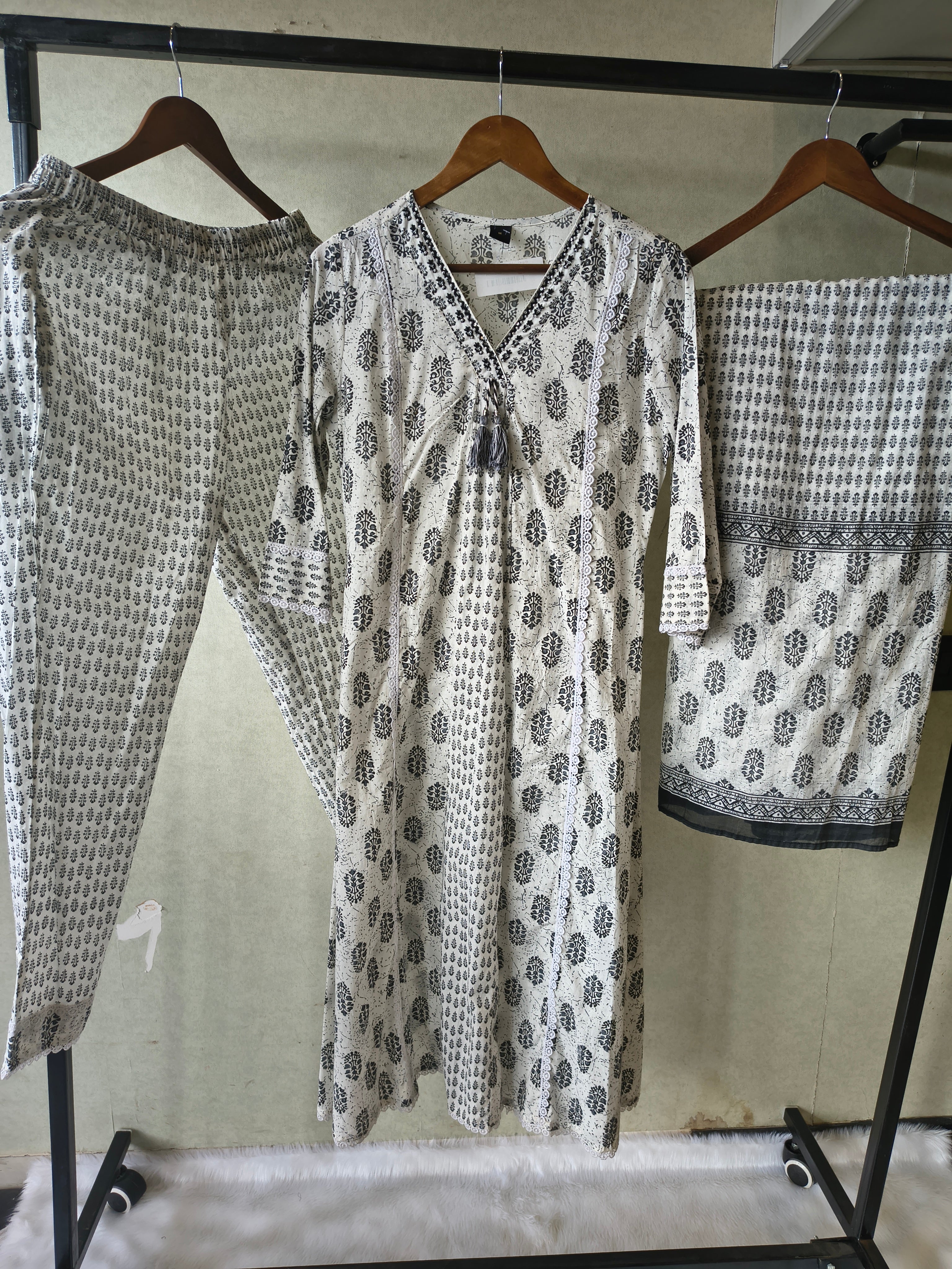 Image of Premium Black & White Hand Block Printed Cotton Anarkali Kurta Set with Printed Pants & Dupatta