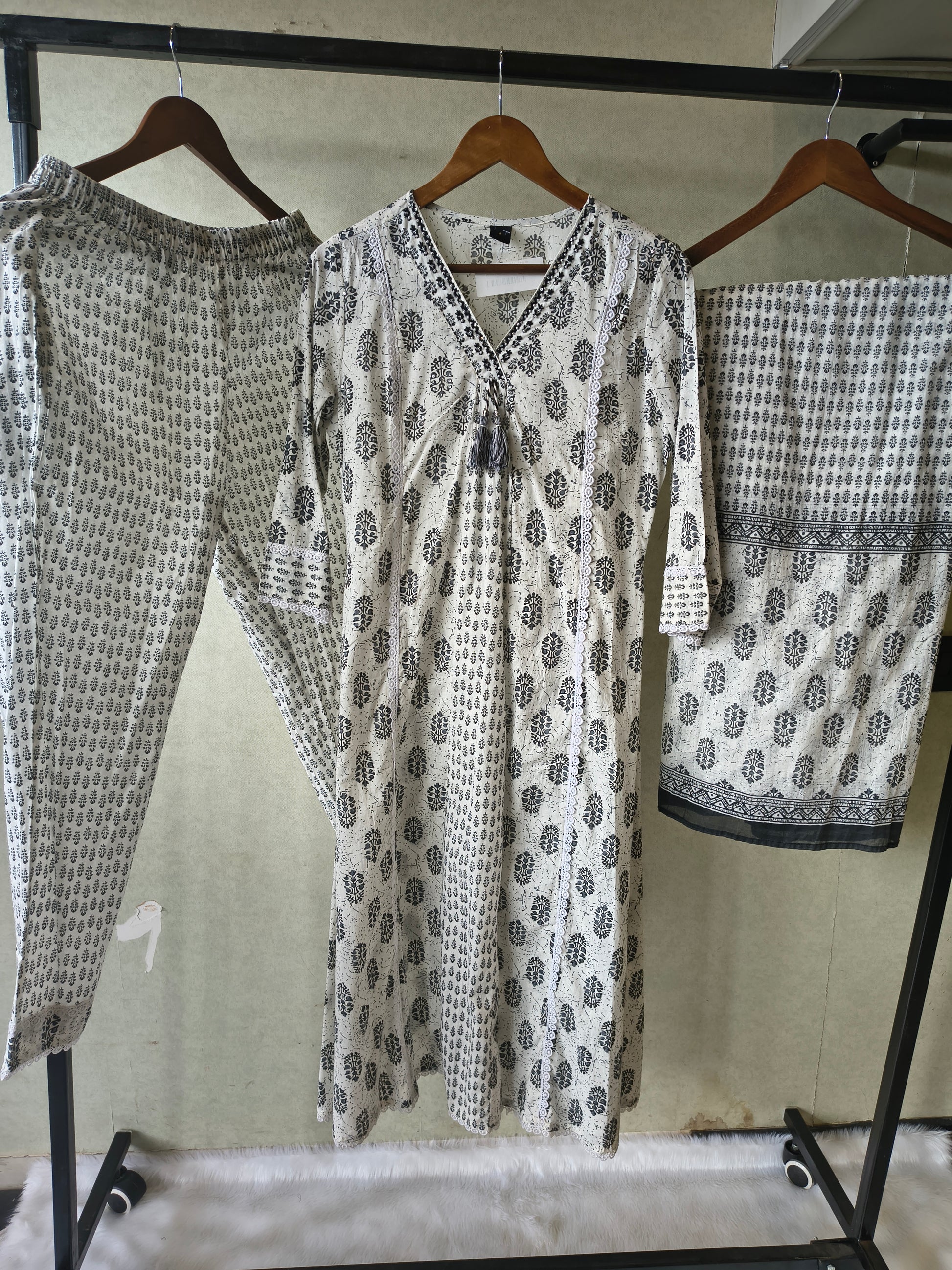 Premium Black & White Hand Block Printed Cotton Anarkali Kurta Set with Printed Pants & Dupatta