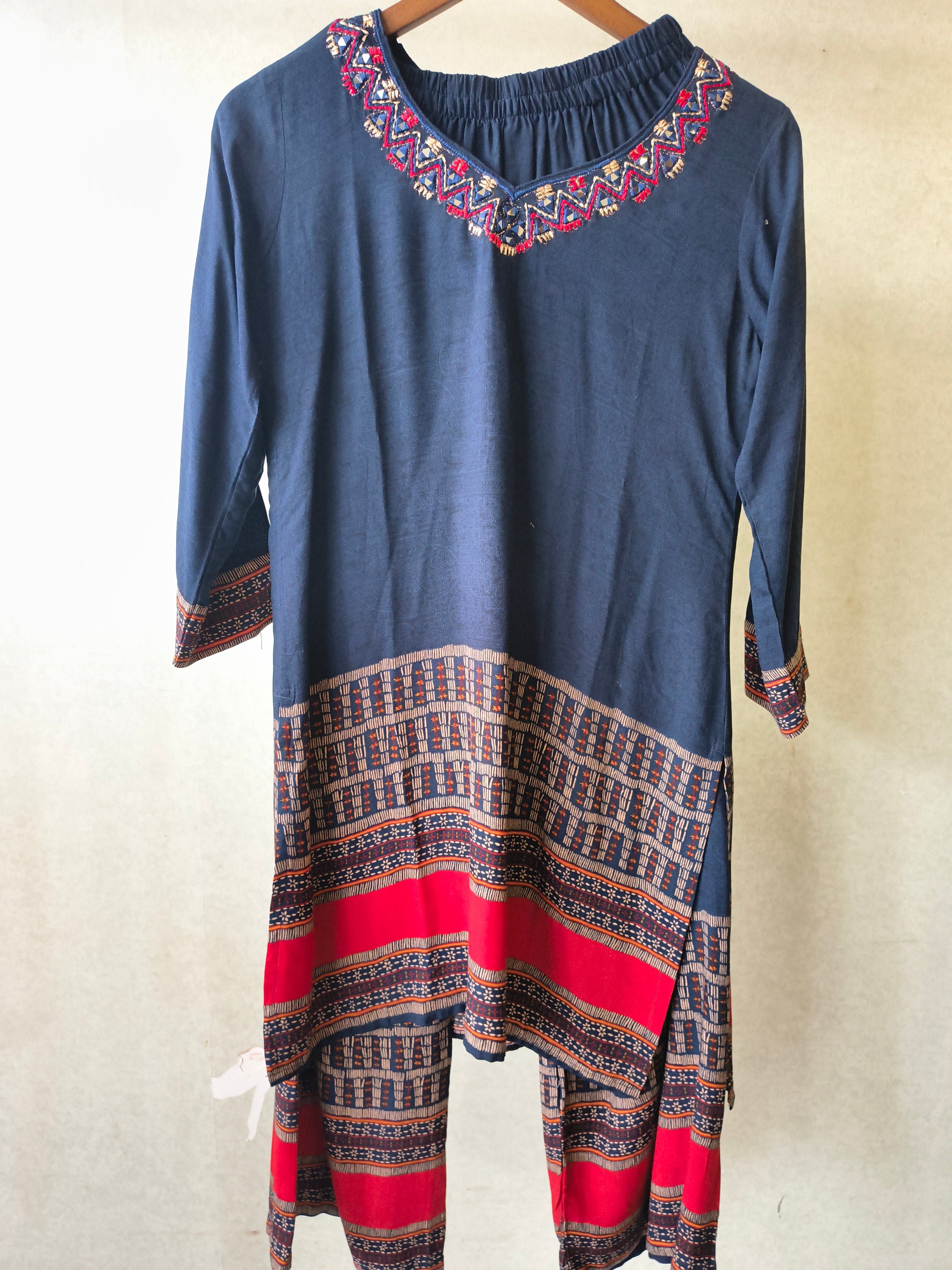 Navy Blue Ethnic Border Designer Co-Ord Set with Embroidered Neckline